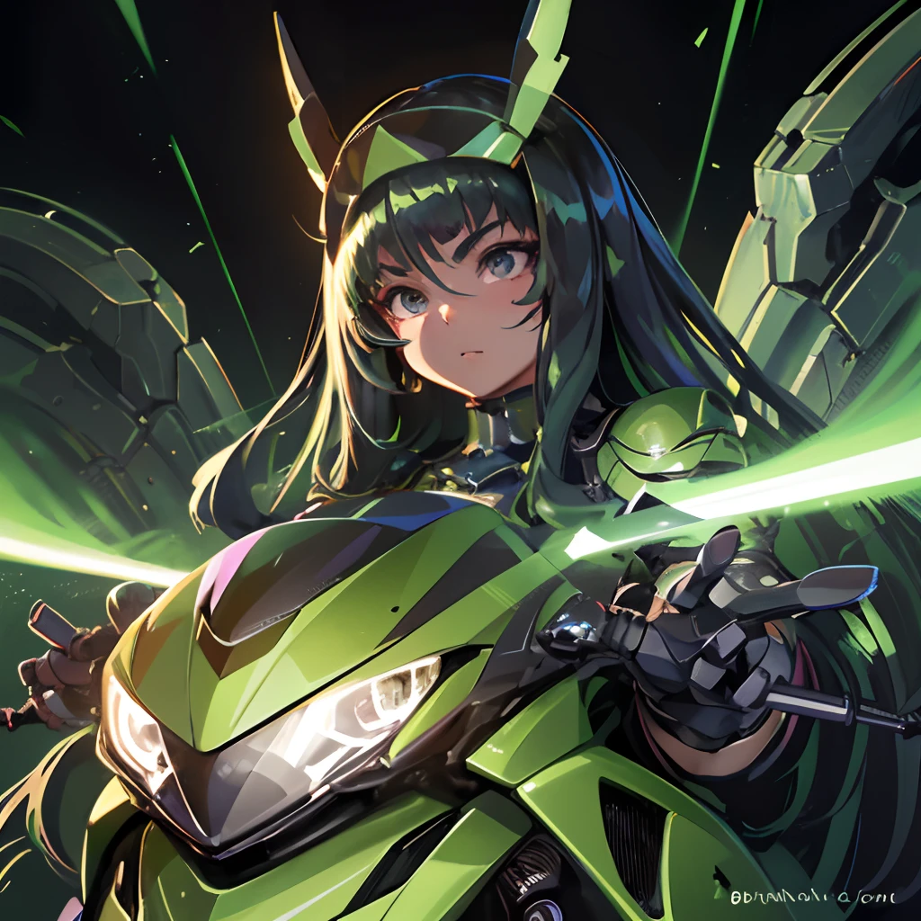 Highest image quality, excellent details, Ultra-high resolution, (Realism: 1.4), The best illustrations, favor details, Highly condensed 1girl, with a delicate and beautiful face, Dressed in black and green mechs, Wearing a mecha helmet, holding a directional controller, riding on motorcycle, the background is a high-tech lighting scene of the futuristic city.