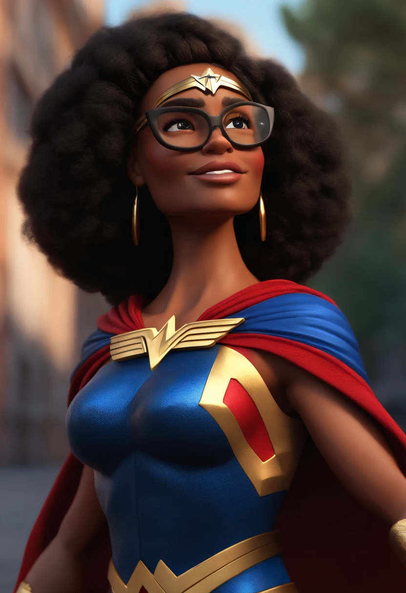 Cartoon character of an afro-brazilian woman with black glasses and a wonder woman shirt, animation character, Caractere estilizado, animation style rendering, 3D estilizado, Arnold Maya render, 3 d render stylized, toon render keyshot, Personagem 3D, Personagem 3D, 3d rendering stylized, 3 d character render, personagem de desenho animado, Personagem de close up, Pose de personagem, (Estilo Pixar) (master part:1.2) (Bokeh) (best quality) (pele detalhada) (textura detalhada) (8k) (argila) (Cinematic lighting) (foco nítido