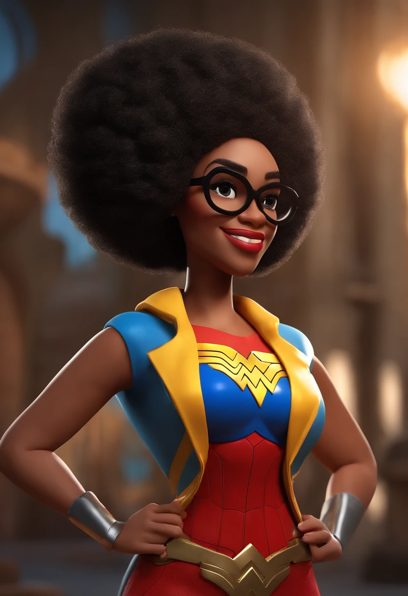 Cartoon character of an afro-brazilian woman with black glasses and a wonder woman shirt, animation character, Caractere estilizado, animation style rendering, 3D estilizado, Arnold Maya render, 3 d render stylized, toon render keyshot, Personagem 3D, Personagem 3D, 3d rendering stylized, 3 d character render, personagem de desenho animado, Personagem de close up, Pose de personagem, (Estilo Pixar) (master part:1.2) (Bokeh) (best quality) (pele detalhada) (textura detalhada) (8k) (argila) (Cinematic lighting) (foco nítido