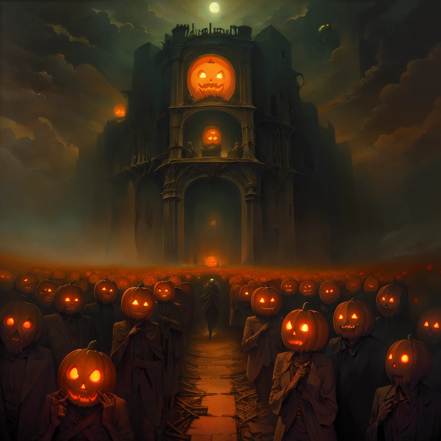 (crowd of people:1.2), Jack o lantern, by Zdzislaw Beksinski, scenery, GasLampFantasyAI
