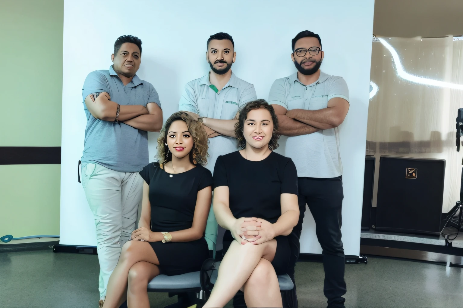 There are four people posing for a photo in a room, Directed by: Judith Gutierrez, Directed by: Willian Murai, Directed by: Luis Miranda, Directed by: Teresa Fasolino, Directed by: Felipe Seade, imagem profissional, Directed by: Samuel Silva, Directed by: David Ruby, foto corporativa, vibe comercial profissional, Directed by: Felix Arauz, Foco em segundo plano, Malika Favre