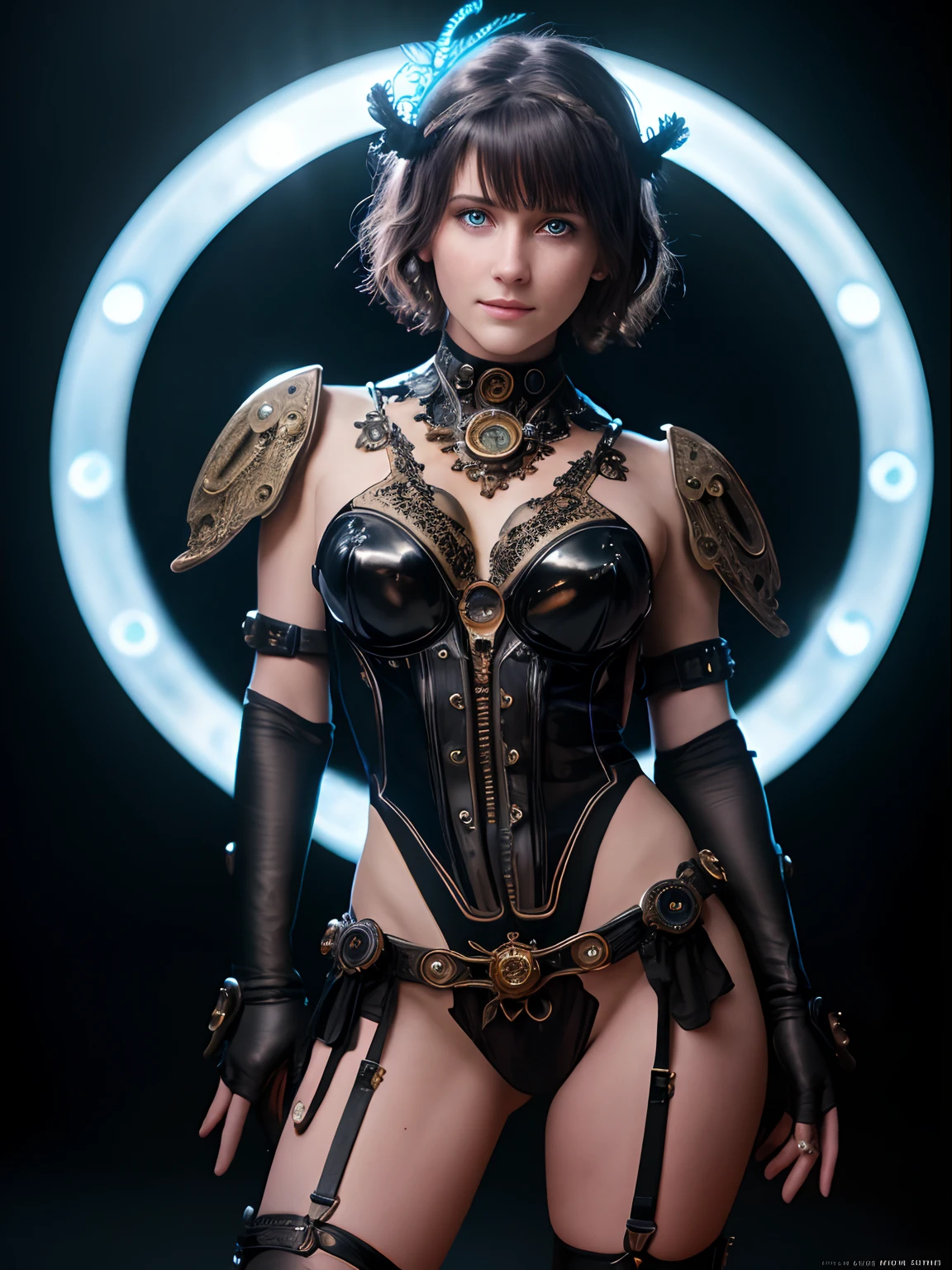Realistic, photorealistic, high quality, RAW photo, cute sexy woman, full body shot, detailed perfect eyes, messy short hair, in minimalistic black tape clothing, luminism, 8k resolution, by Alphonse Mucha, by Giger, fractal isometrics details bioluminescence, blurred background with some steampunk elements, professional photoshoot, intricately detailed, cinematic, Isometric, dark aesthetic, canon 6d, depth of field