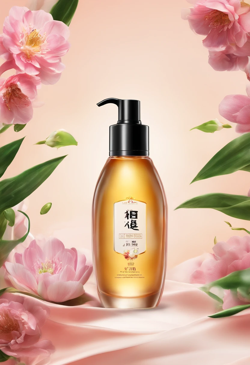 (Best quality,4K,8K,A high resolution,Masterpiece:1.2),Ultra-detailed,(Realistic,Photorealistic,photo-realistic:1.37),A close-up of a bottle of Huang Jixiu cleansing oil and a selection of flowers, Clean face and body skin, Skincare, skin care, Take a picture of your skincare brand, Product photography, professional product shot, products shot, products shot, product display photograph, professional product photo, products shot, Minimalist design, photo product, natural skin tones, Clean gloss, natural skin tones, miniature product photo