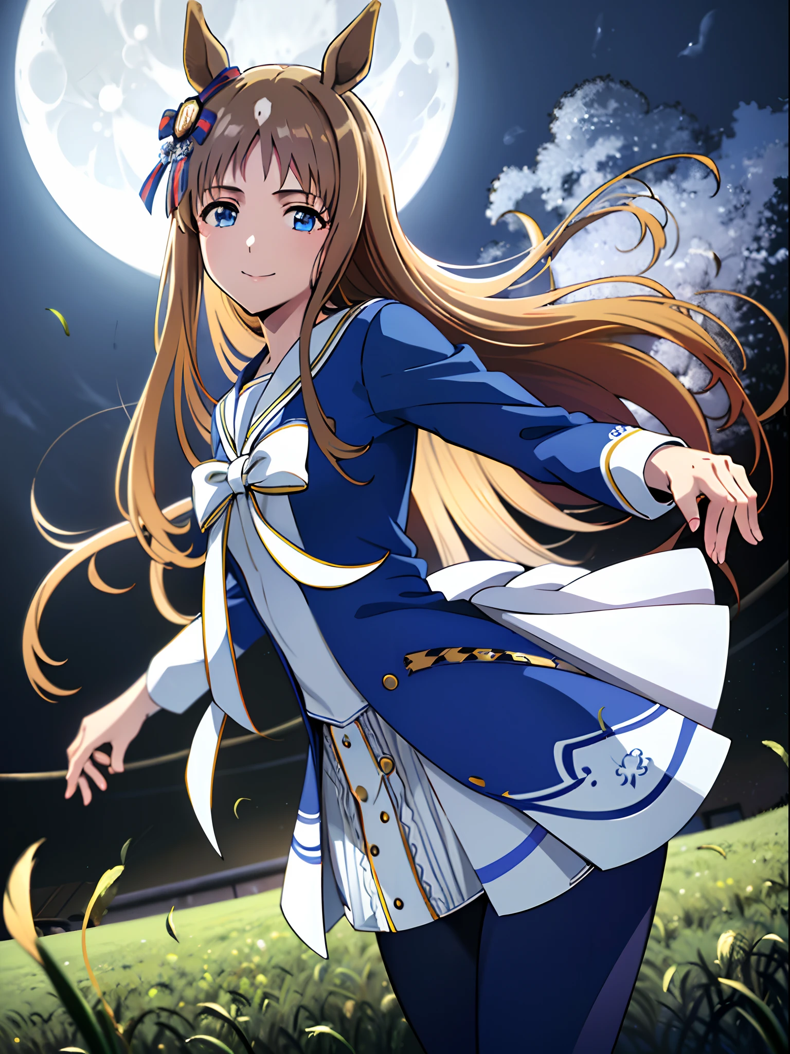 grass wonder \(Umamusume\), 1 girl, Solo, Best Quality, masutepiece, 8K, High resolution, Ultra-detailed, Dancing, (((Cinematic Angle))), lightsmile, Blue jacket, White sailor color, Long sleeves, White skirt, Black pantyhose, (((Big Blue Moon, Moon Night, grass field))),