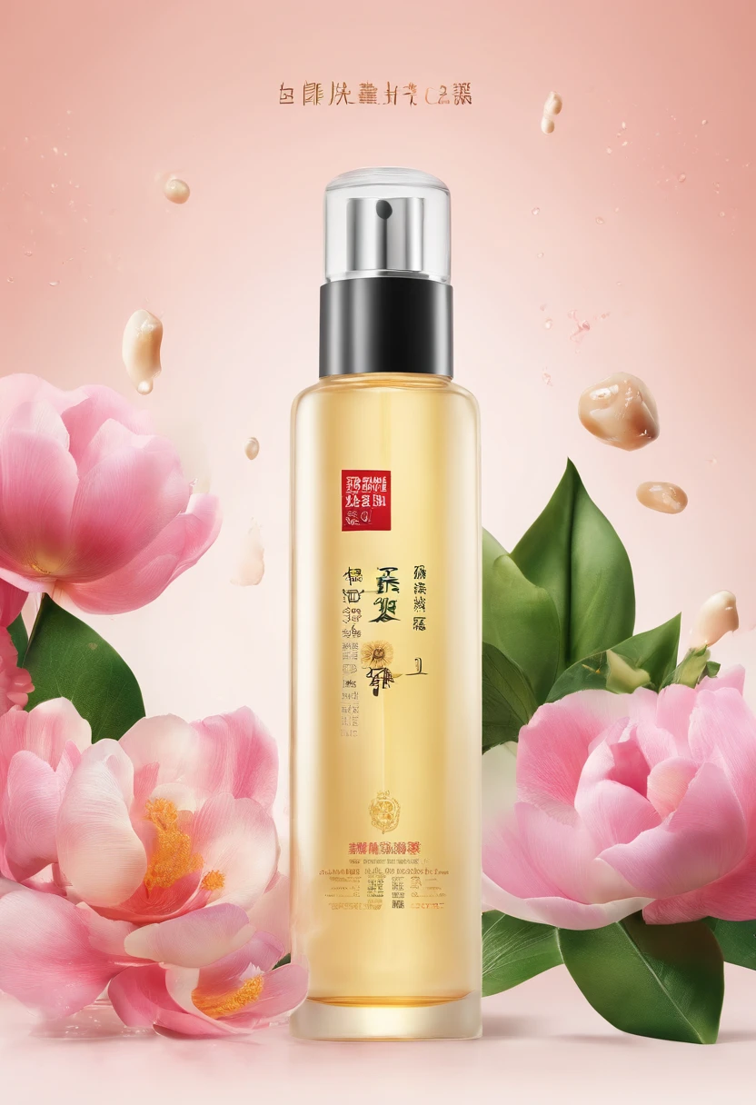 (Best quality,4K,8K,A high resolution,Masterpiece:1.2),Ultra-detailed,(Realistic,Photorealistic,photo-realistic:1.37),A close-up of a bottle of Huang Jixiu cleansing oil and a selection of flowers, Clean face and body skin, Skincare, skin care, Take a picture of your skincare brand, Product photography, professional product shot, products shot, products shot, product display photograph, professional product photo, products shot, Minimalist design, photo product, natural skin tones, Clean gloss, natural skin tones, miniature product photo
