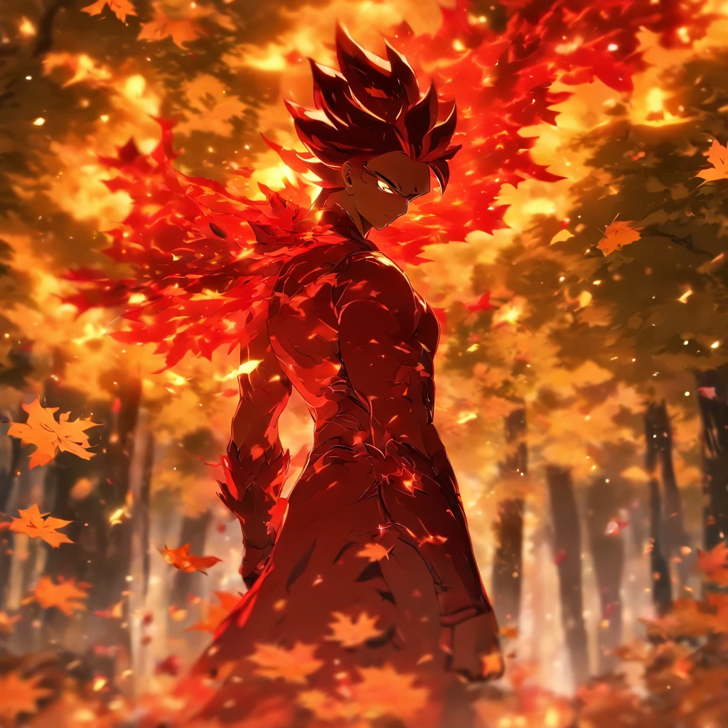 ((master part, best quality)), ultra detalhado, Arte Oficial, Unity 8k papel de parede, traje oficial, jovem homem bonito, sozinho, rosto perfeito, pele brilhante, Pupilas Espumantes, Cabelo Pick Tingido de Vermelho, dia, Background is Fire Red Maple Forest, folha de bordo, Riverside, ponte de madeira, aesthetic, (superior_corpo)