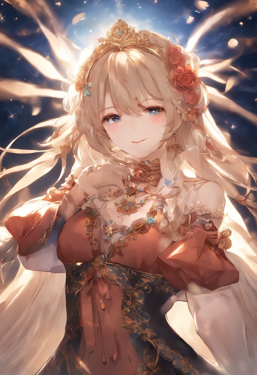 (Meisterwerk, best quality, hight resolution, Ultra-detailliert, 8K, 4K), Artbook, anime coloring, CG, Illustration , Hirngespinst, mksks ,1girls, nur, Ohrring, Halskette, Hintergrund ist ein riesiges, ornate circular pattern, smil, Happy look at the viewer, Feuerwerk, Sterne, Nacht, al fresco, (dutch angle), close up, Gesichtsfokus, upper body, yoimiya (Genshin Impact)