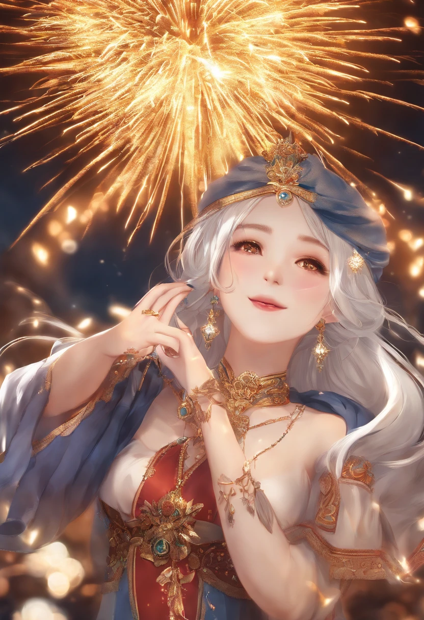 (Meisterwerk, best quality, hight resolution, Ultra-detailliert, 8K, 4K), Artbook, anime coloring, CG, Illustration , Hirngespinst, mksks ,1girls, nur, Ohrring, Halskette, Hintergrund ist ein riesiges, ornate circular pattern, smil, Happy look at the viewer, Feuerwerk, Sterne, Nacht, al fresco, (dutch angle), close up, Gesichtsfokus, upper body, yoimiya (Genshin Impact)