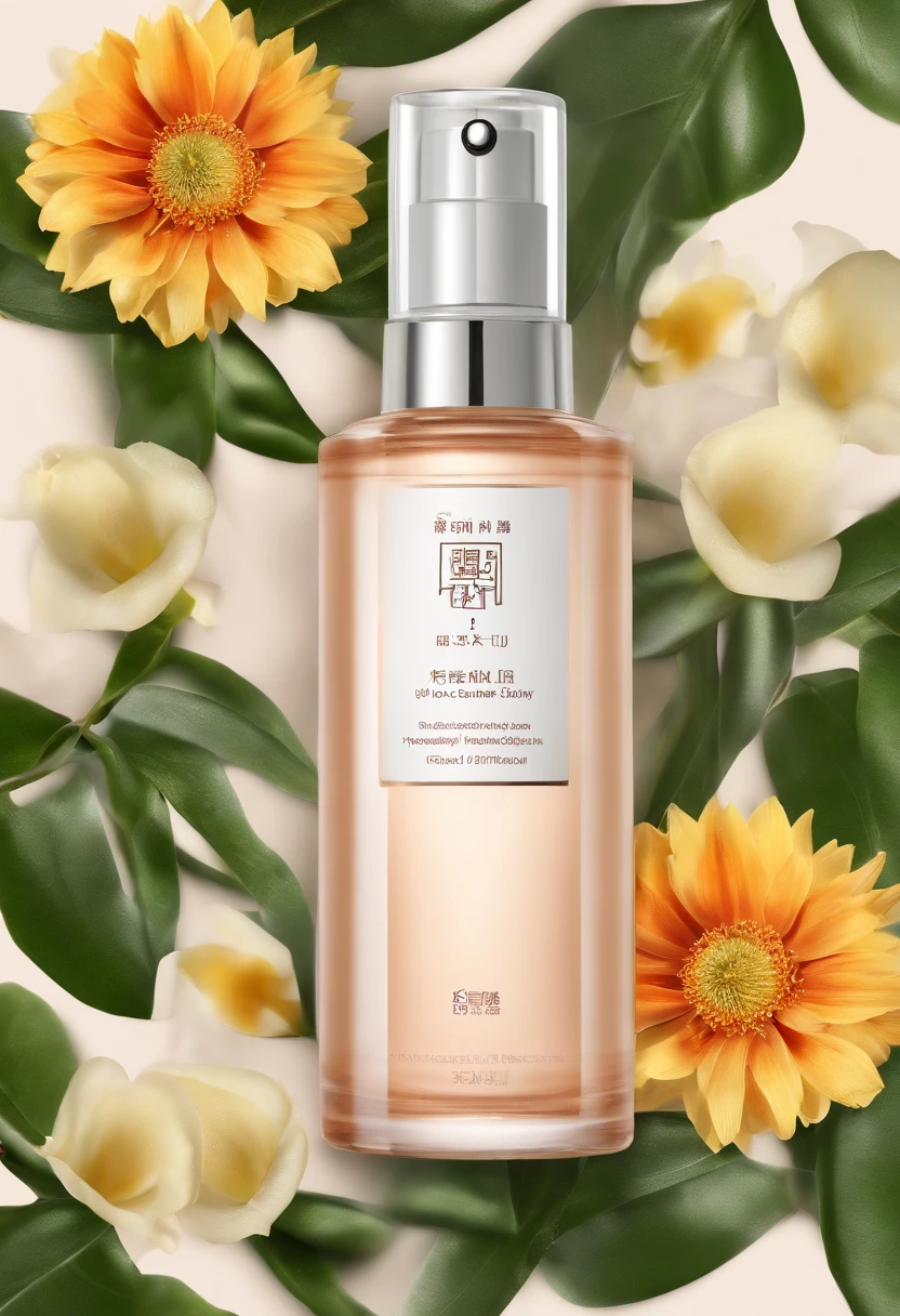 (Best quality,4K,8K,A high resolution,Masterpiece:1.2),Ultra-detailed,(Realistic,Photorealistic,photo-realistic:1.37),A close-up of a bottle of Huang Jixiu cleansing oil and a selection of flowers, Clean face and body skin, Skincare, skin care, Take a picture of your skincare brand, Product photography, professional product shot, products shot, products shot, product display photograph, professional product photo, products shot, Minimalist design, photo product, natural skin tones, Clean gloss, natural skin tones, miniature product photo