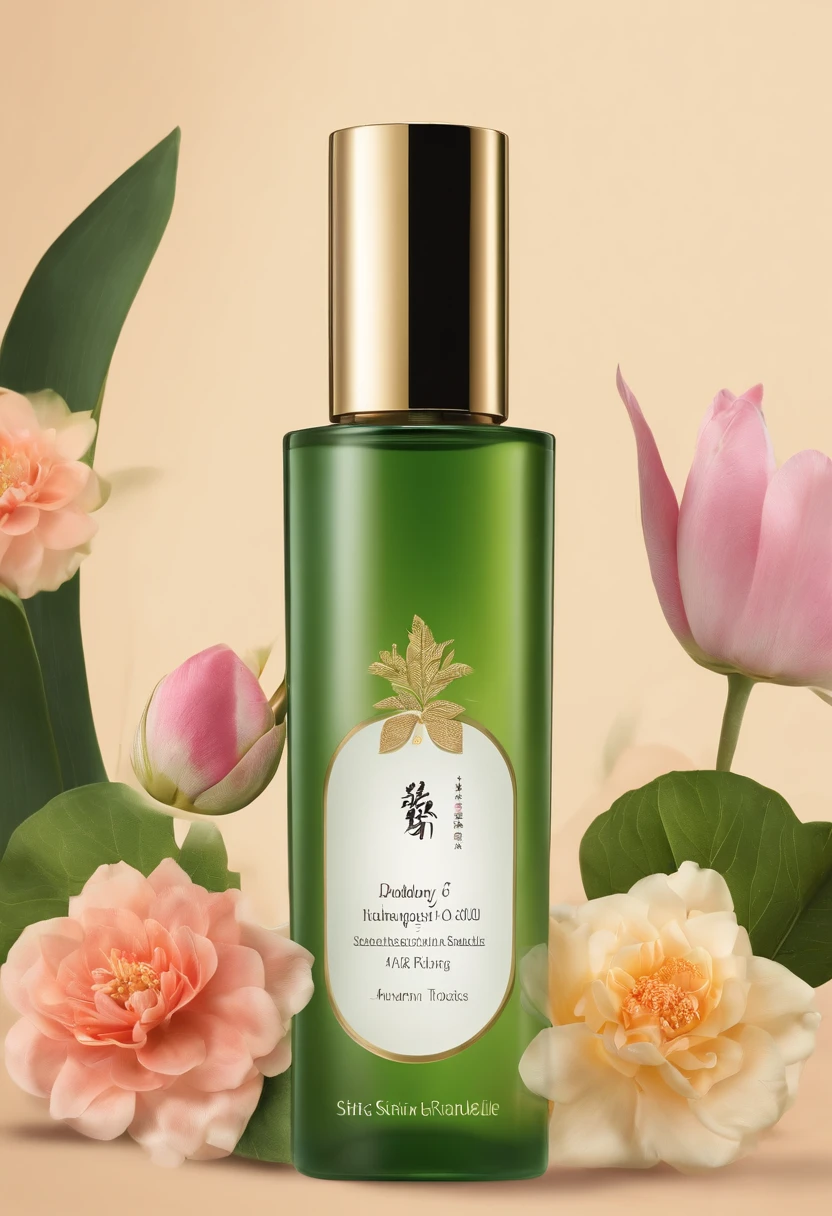 (Best quality,4K,8K,A high resolution,Masterpiece:1.2),Ultra-detailed,(Realistic,Photorealistic,photo-realistic:1.37),A close-up of a bottle of Huang Jixiu cleansing oil and a selection of flowers, Clean face and body skin, Skincare, skin care, Take a picture of your skincare brand, Product photography, professional product shot, products shot, products shot, product display photograph, professional product photo, products shot, Minimalist design, photo product, natural skin tones, Clean gloss, natural skin tones, miniature product photo
