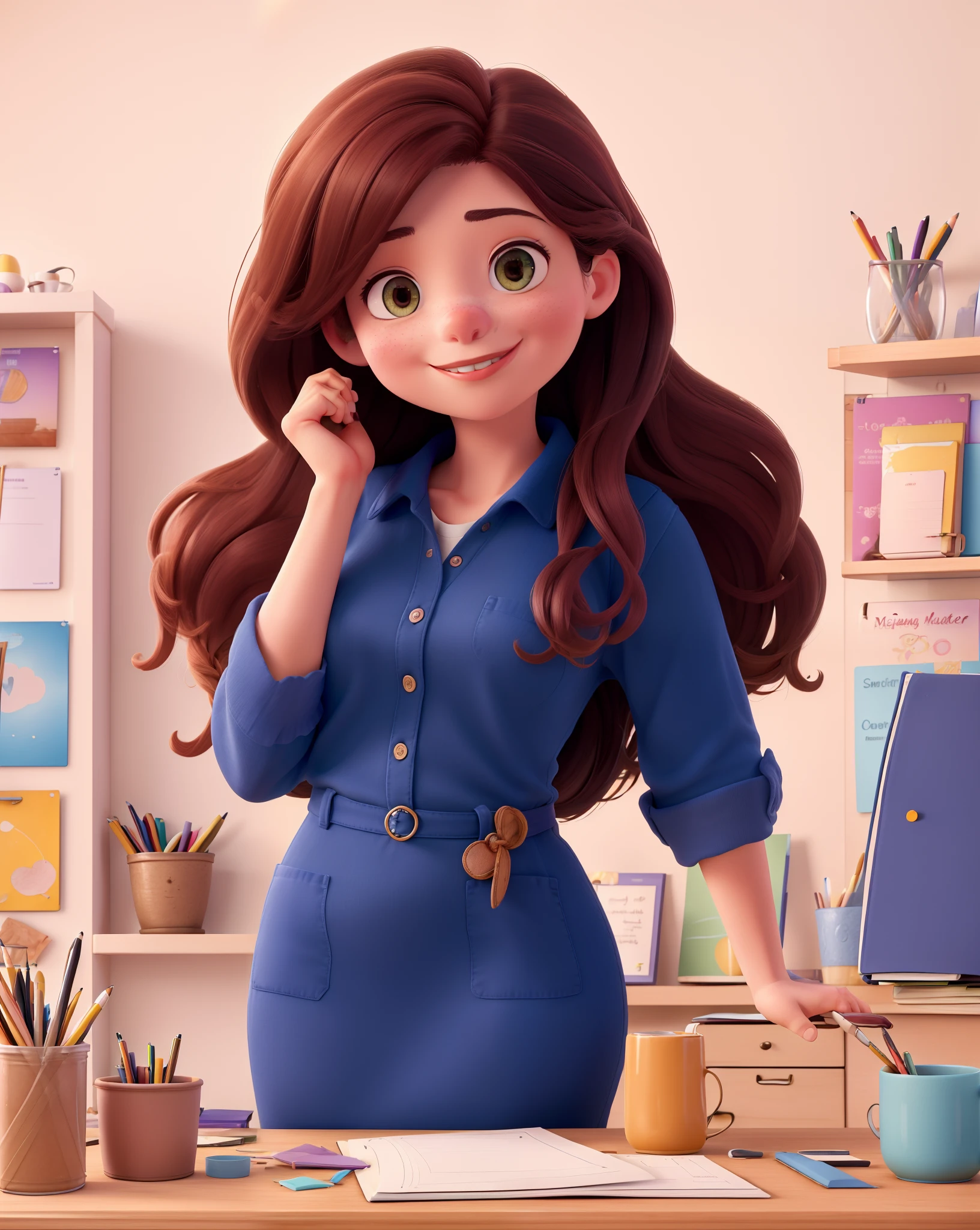 (best quality,4k,8k,highres,masterpiece:1.2),ultra-detailed,(realistic,photorealistic,photo-realistic:1.37),handmade stationary shop,a girl in a loose pink dress in her studio called "Semeando Amor - Stationary with Purpose", agendas, pencils, and pens on the table, cozy warm lighting, intricate patterns and designs on the stationary, shelves filled with colorful paper and notebooks, inspiring quotes written on the walls, a soft and inviting atmosphere, a window with sunlight streaming in, delicate floral decorations, a handmade sign with the name "Semeando Amor" in elegant calligraphy, a cup of tea and a sketchbook nearby, a sense of creativity and inspiration permeating the space, vibrant and playful colors harmoniously blending together, a showcase of artistic talent and passion.