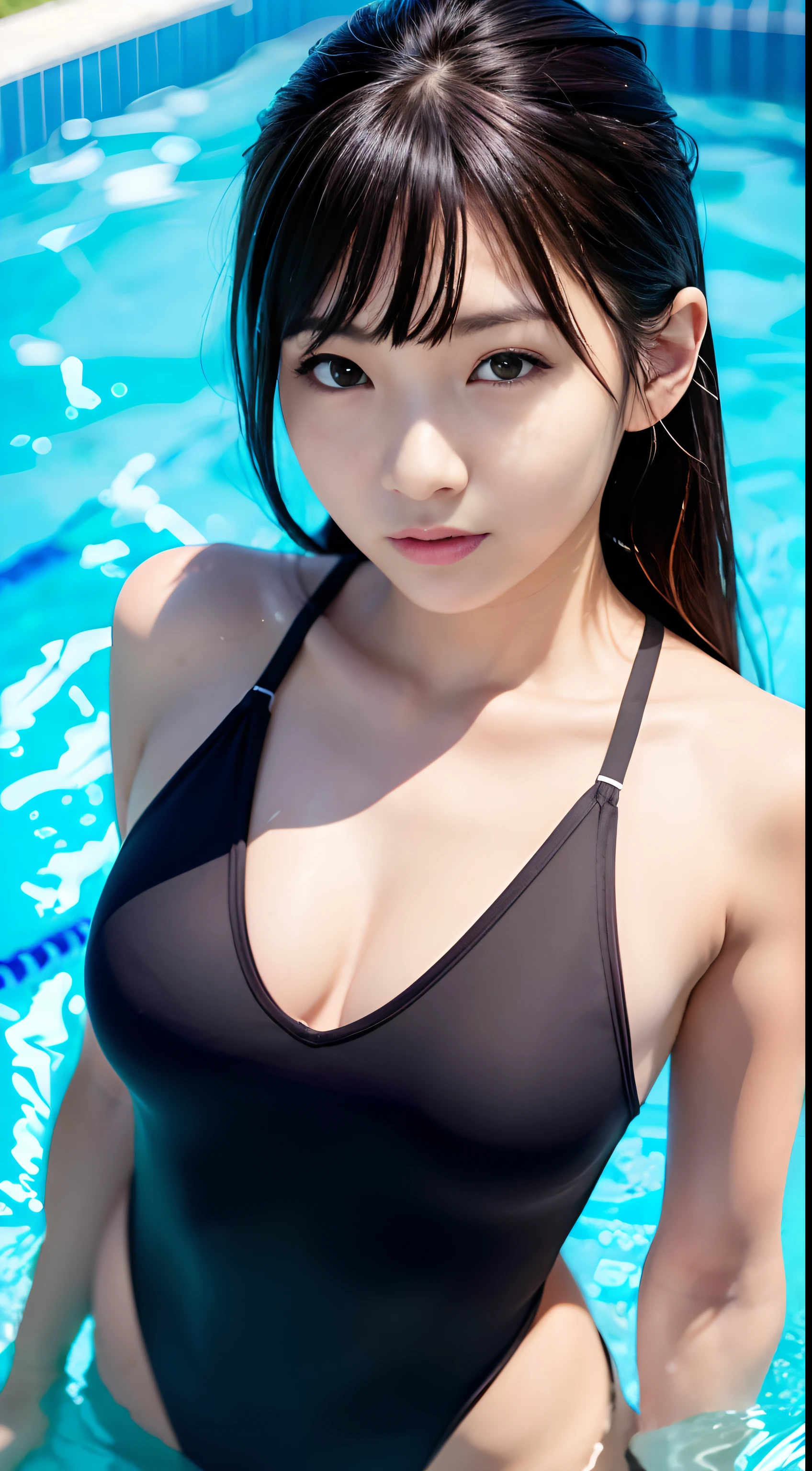 (Raw photo: 1.2), top-quality,Beautiful detailed girl,Competitive swimsuit,Milk transparency, Smile, Young woman with dark hair, twin-tail hair, Highly detailed eyes and face, Beautiful detailed eyes,with round face,japanes,goddess of Japan,Huge file size, High resolution, High resolution, 8K, Fine detail, Highly detailed ticker uniform 8K wallpaper, Light on Face, Movie Lighting,  girl, Sexy Pose, (Photorealism: 1.4), Illustration,surrealism,From below, Super Detail, masutepiece,in poolside,Colossal tits,Blur the background