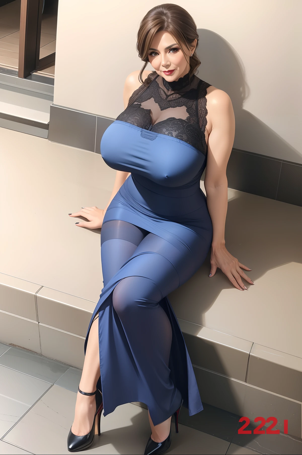Photo of a 60-year-old woman with brown hair, a captivating gaze, Brown eyes, Wrinkles on her face, Black pantyhose,Black High Heel Boots,She wears very sexy lingerie underwear、、Revealing her large sagging breasts, Light makeup and red lips. 32K