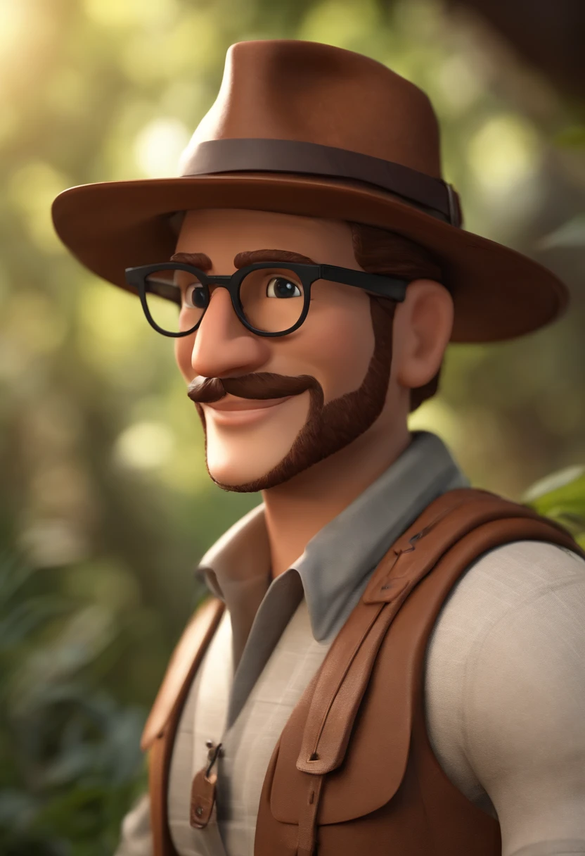 Pixar style character of a man with black glasses and hat, jovem, barba e cabelos escuros, e uma camisa, carregando equipamentos de aventura com mochilanas costas, estilo indiana Jones, com fundo de natureza, animation character, Caractere estilizado, animation style rendering, 3D estilizado, Arnold Maya render, 3 d render stylized, toon render keyshot, Personagem 3D, Personagem 3D, 3d rendering stylized, 3 d character render, personagem de desenho animado, Personagem de close up, Pose de personagem, (Estilo Pixar) (master part:1.2) (Bokeh) (melhor qualidade) (pele detalhada) (textura detalhada) (8k) (argila) (Cinematic lighting) (foco nítido