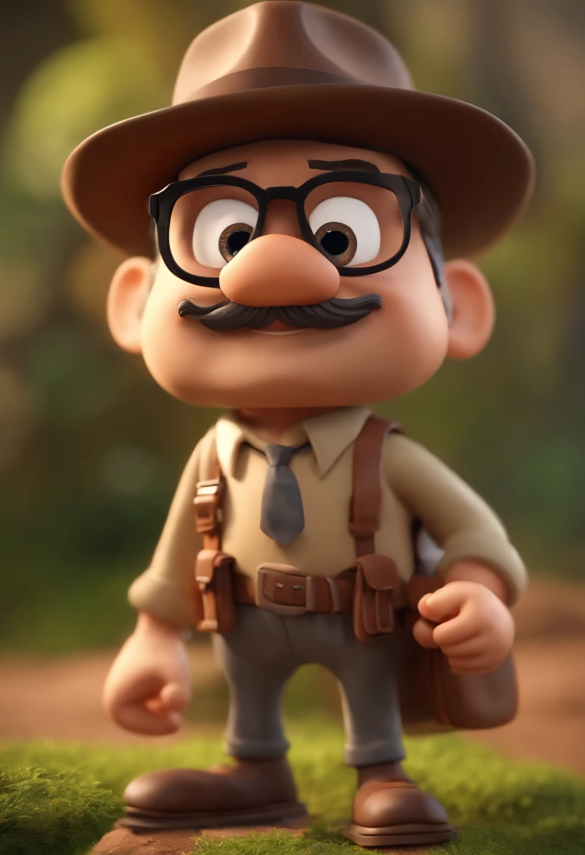 Pixar style character of a man with black glasses and hat, jovem, barba e cabelos escuros, e uma camisa, carregando equipamentos de aventura com mochilanas costas, estilo indiana Jones, com fundo de natureza, animation character, Caractere estilizado, animation style rendering, 3D estilizado, Arnold Maya render, 3 d render stylized, toon render keyshot, Personagem 3D, Personagem 3D, 3d rendering stylized, 3 d character render, personagem de desenho animado, Personagem de close up, Pose de personagem, (Estilo Pixar) (master part:1.2) (Bokeh) (melhor qualidade) (pele detalhada) (textura detalhada) (8k) (argila) (Cinematic lighting) (foco nítido