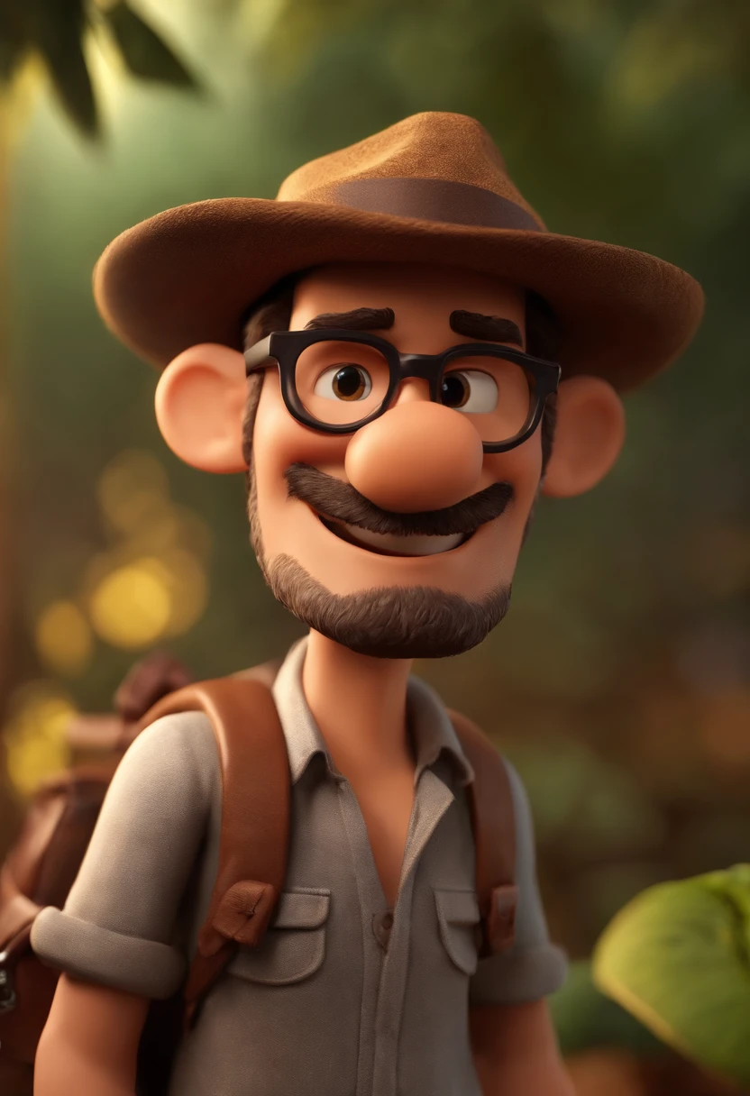 Pixar style character of a man with black glasses and hat, jovem, barba e cabelos escuros, e uma camisa, carregando equipamentos de aventura com mochilanas costas, estilo indiana Jones, com fundo de natureza, animation character, Caractere estilizado, animation style rendering, 3D estilizado, Arnold Maya render, 3 d render stylized, toon render keyshot, Personagem 3D, Personagem 3D, 3d rendering stylized, 3 d character render, personagem de desenho animado, Personagem de close up, Pose de personagem, (Estilo Pixar) (master part:1.2) (Bokeh) (melhor qualidade) (pele detalhada) (textura detalhada) (8k) (argila) (Cinematic lighting) (foco nítido