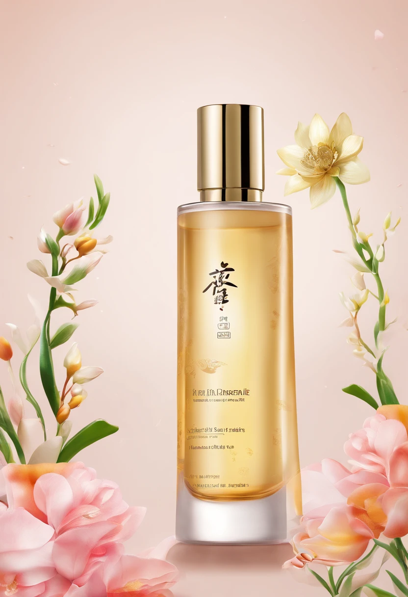 (Best quality,4K,8K,A high resolution,Masterpiece:1.2),Ultra-detailed,(Realistic,Photorealistic,photo-realistic:1.37),A close-up of a bottle of Huang Jixiu cleansing oil and a selection of flowers, Clean face and body skin, Skincare, skin care, Take a picture of your skincare brand, Product photography, professional product shot, products shot, products shot, product display photograph, professional product photo, products shot, Minimalist design, photo product, natural skin tones, Clean gloss, natural skin tones, miniature product photo