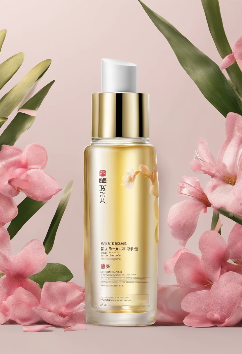 (Best quality,4K,8K,A high resolution,Masterpiece:1.2),Ultra-detailed,(Realistic,Photorealistic,photo-realistic:1.37),A close-up of a bottle of Huang Jixiu cleansing oil and a selection of flowers, Clean face and body skin, Skincare, skin care, Take a picture of your skincare brand, Product photography, professional product shot, products shot, products shot, product display photograph, professional product photo, products shot, Minimalist design, photo product, natural skin tones, Clean gloss, natural skin tones, miniature product photo