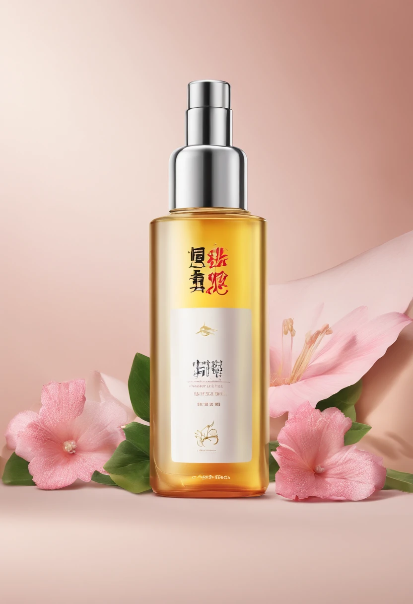 (Best quality,4K,8K,A high resolution,Masterpiece:1.2),Ultra-detailed,(Realistic,Photorealistic,photo-realistic:1.37),A close-up of a bottle of Huang Jixiu cleansing oil and a selection of flowers, Clean face and body skin, Skincare, skin care, Take a picture of your skincare brand, Product photography, professional product shot, products shot, products shot, product display photograph, professional product photo, products shot, Minimalist design, photo product, natural skin tones, Clean gloss, natural skin tones, miniature product photo