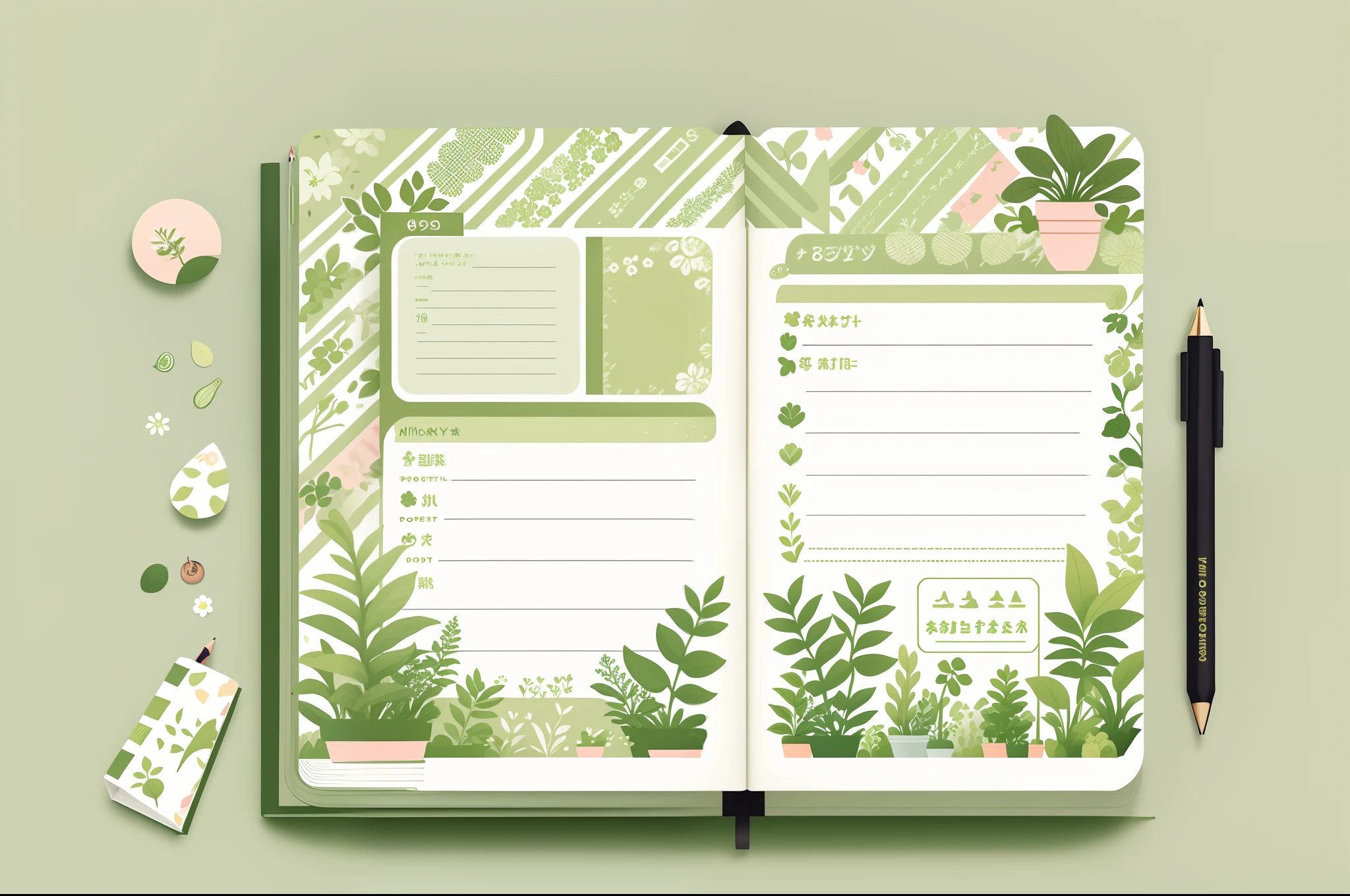 pocket sticker, stationery set, pocket book, green, spring, cute girl, lovely plants, lots of lovely elements, 8k, high detail --ar 3:4 --9 2 --niji 5--style cute-