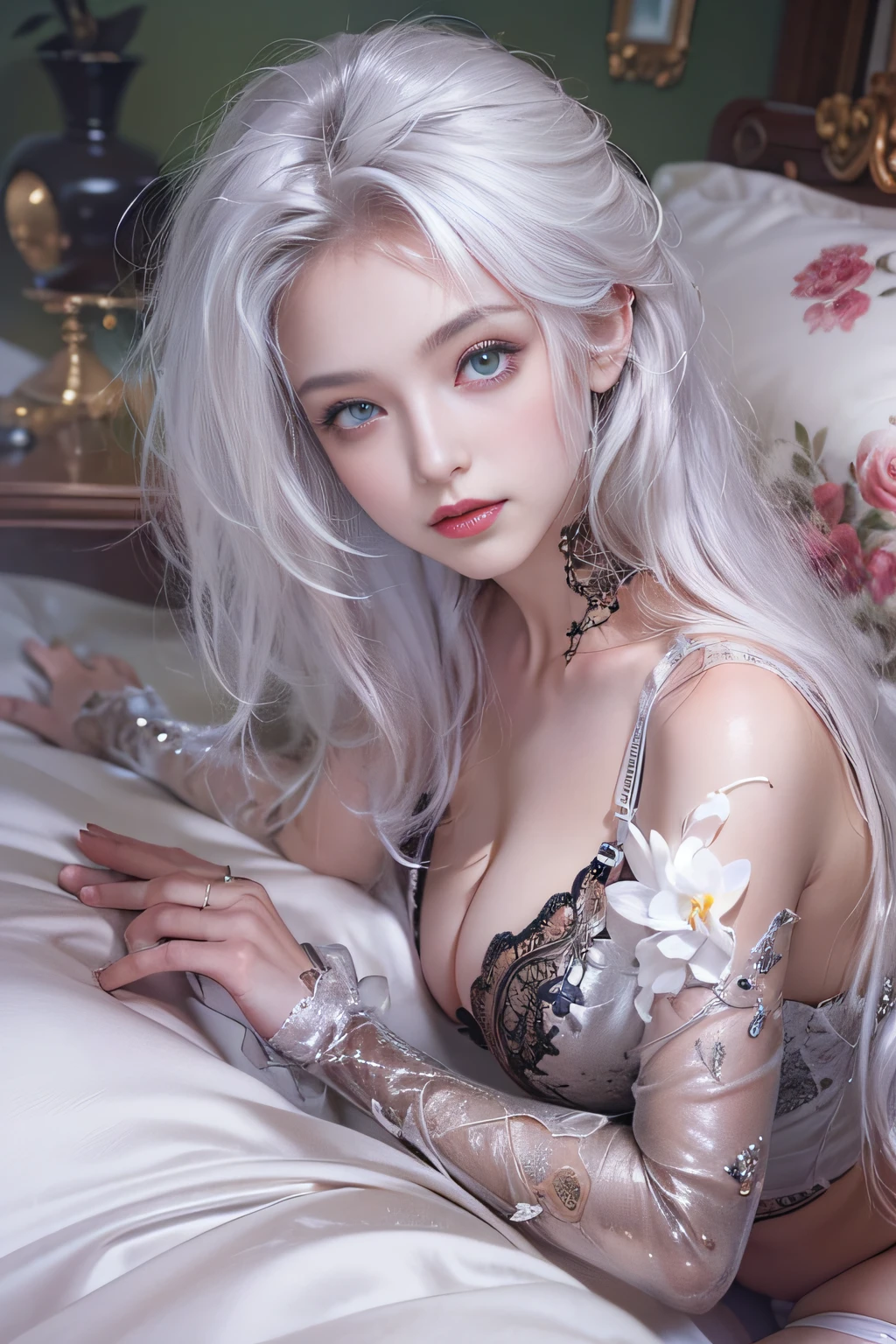 ((tmasterpiece:1.4)、(top-quality:1.4)、(reallistic:1.7))、By Luis Royo(By Luis Royo)Surreal portrait of a beautiful girl、Super beautiful girl、((1girl in:1.4))、Shiny natural skin texture、Authors:By Luis Royo(By Luis Royo)、age19、(Two arms:1.4、Two legs:1.4)、(perfect anatomia:1.4)、(Perfect female body:1.4)、Portrait photo of a girl、Close-up photos、Full body shooting、((masutepiece:1.4), (of the highest quality:1.4), (Realistic:1.7), By Luis Royo, Beautiful Girl, Super beautiful girl, ((1girl in:1. 4), Shiny natural skin texture, Authors: By Luis Royo, 19 years old, (Perfect female body: 1.4), (Perfect female body: 1.) 4), Portrait photo of a girl, Close-up photos, (Full body photo), Fantasy Art, Soft front light, Beautiful expression, Kawaii face, Beautiful breasts, Large Full Breasted: 1. 2, Beautiful buttocks, Fine eyes, Clear and eye-catching, beautiful and alluring, Beautiful eyes, thin waist, Raw photo, Red lips, ((White hair, Long hair)) , 1 Screen View, ((Woman on all fours on silk bed)), (sexyposture), (the milky way in the sky),((T-back panties))、((White garters and garter belts))、(A smile),((posterior view))、((Looks Back))、((Vaginal orchids))、((erection))