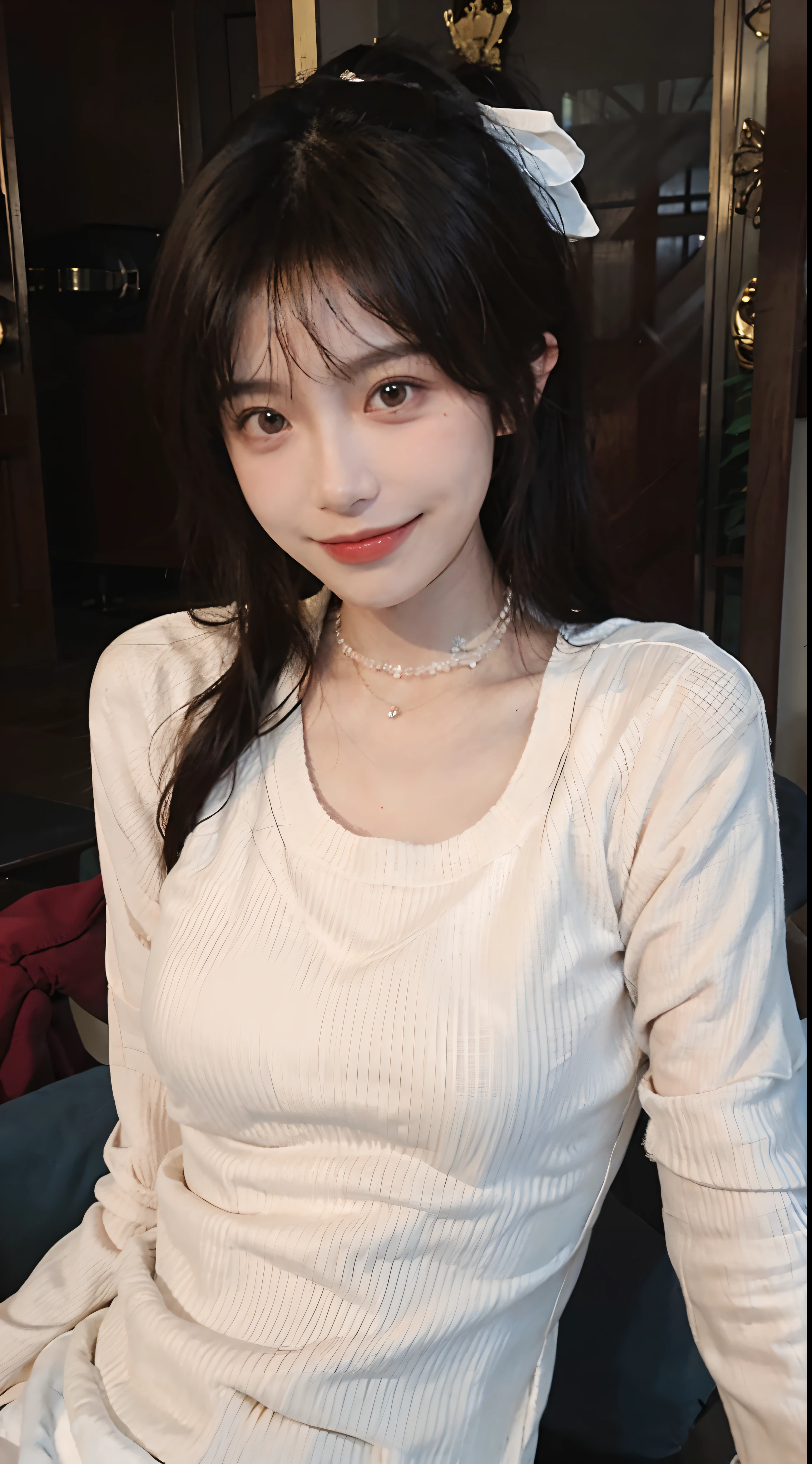 best qualtiy, 超高分辨率, (realisticlying:1.4),cute hairpin,Baoyu Girl,1girll, Beautiful woman with a slim figure:1.4, Abs:1.1, (A brown-haired, mideum breasts:1.3), Long pink sweater:1.1, 浴室,Ultra-fine face,Elaborate Eyes,二重まぶた,ssmile,choker necklace
