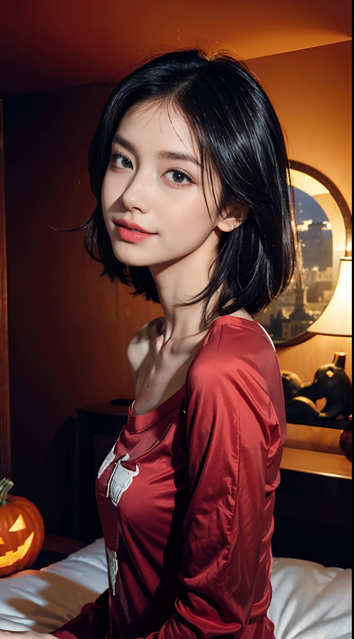 (shoulder length straight short black hair:1.2), （Extremely meticulous CG 8k wallpaper），（Extremely refined and beautiful），（Masterpiece），（best qualtiy：1.0），（Ultra High Resolution：1.0），beautiful light up，Perfect lightning，realistic shaded，[A high resolution]，Smooth and flawless fair skin，Extremely exquisite facial details,(perfect body:1.1），ultra - detailed,A beautiful girl,small head,(Small breasts:1.1),Flat chests,slim,thin,Smile,cheerfulness,(Gorgeous red pajama shirt:1.3),(on castle tower:1.5),(in bedroom:1.5),(halloween night:1.3),night scene,(pumpkin:1.3),(many bats flying in air:1.2),Portrait photo,(from front:1.5),(cowboy shot:1.2),(close-up of upper body:1.5),standing