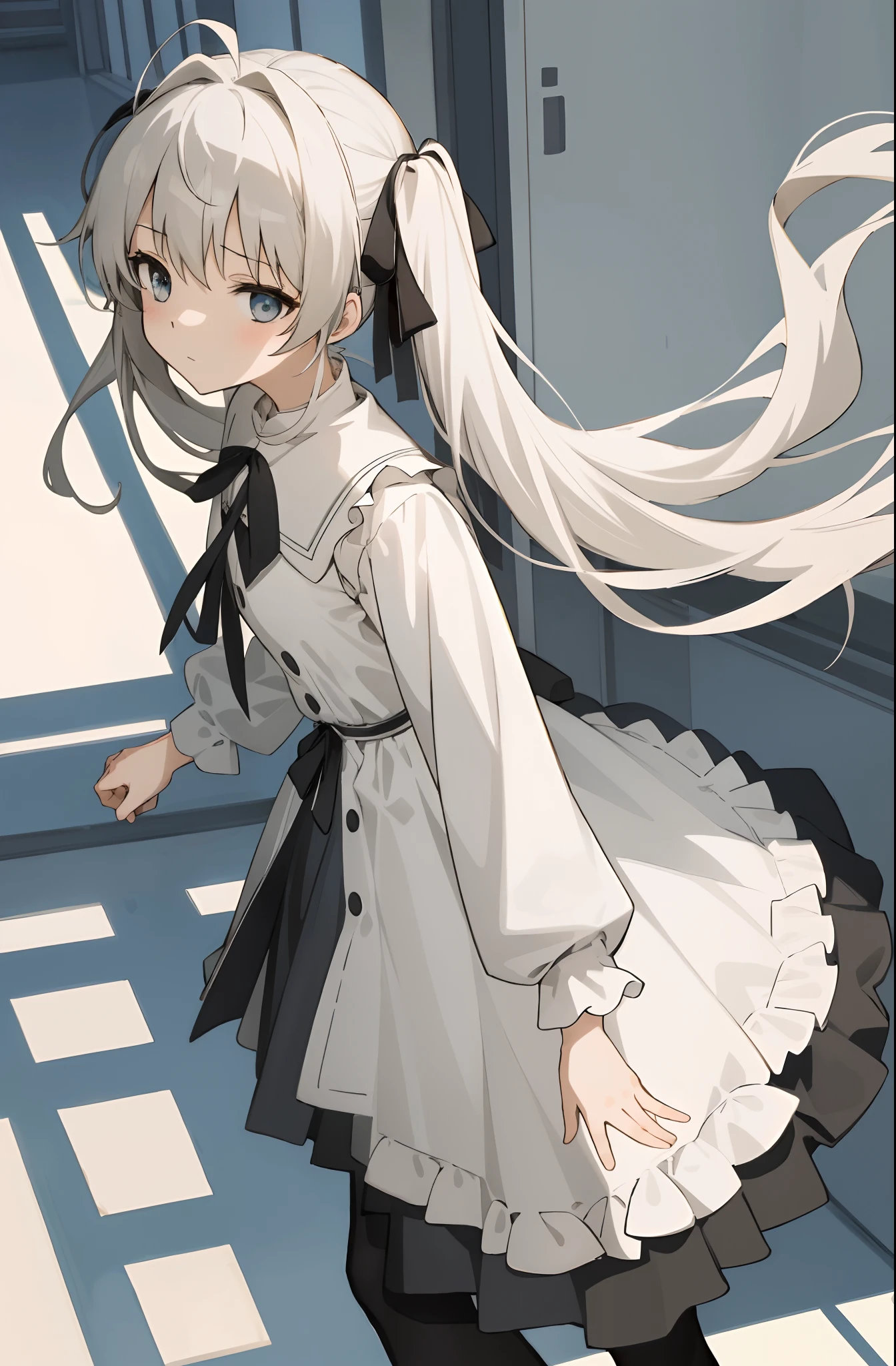 （Masterpiece，best qualtiy，A high resolution：1.5），1girl，high school senior，white skinned，Gray-black pupils，twintails，lacepantyhose，shift dresses，Delicate face，School Background，The light is bright，Sora Kasugano，Animated illustration style，pixiv popular