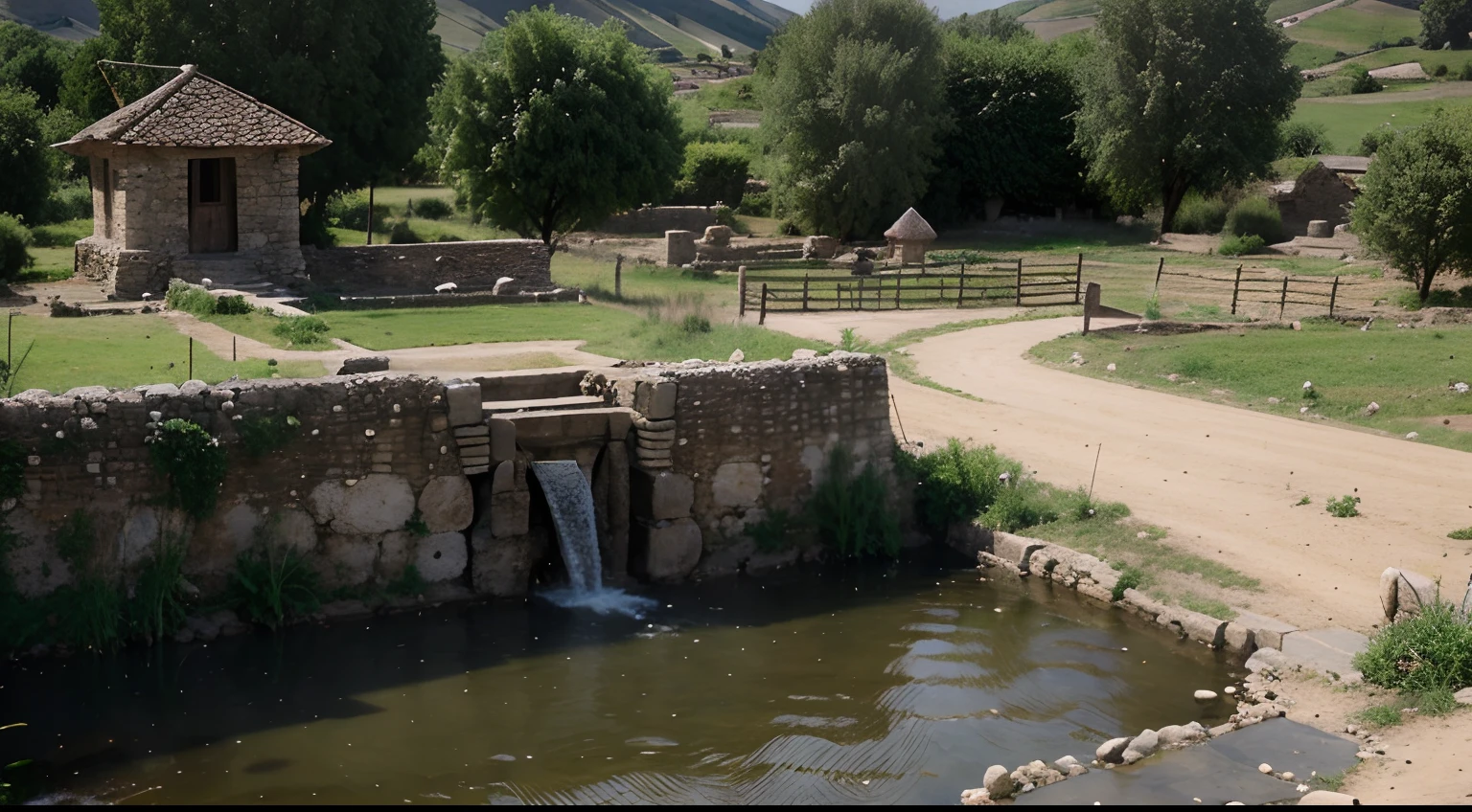 Prompt:
A Hittite village at the beginning of the second millennium BC in Anatolia.
The village is small, with about 200 to 500 inhabitants. It is built of clay or stone bricks, and has straw or wood roofs. The houses are usually simple, with one or two rooms.
The village is located near a river, which provides water for agriculture. The fields around the village are grown with wheat, barley, grapes and other foods. Villagers also raise animals such as sheep, goats and cattle.
In the center of the village is a temple dedicated to a local deity. The temple is decorated with sculptures and religious reliefs.
The village is surrounded by a wall to protect itself from attacks.