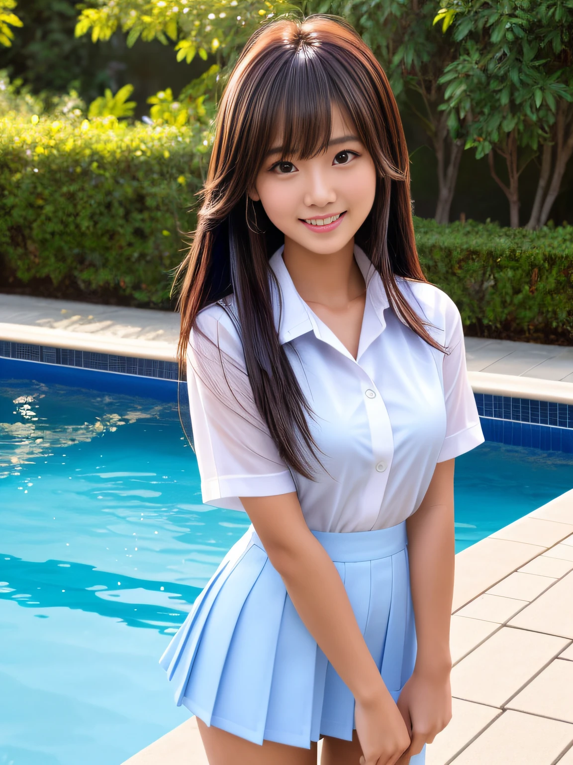(NFSW)、(High resolution:1.5)、Highest quality,Very detailed,masterpiece,Super detailed,alone,(1 15 year old girl),((Summer School Uniforms:1.5)), Seraphim, ((skirt:1.5)), smile, Thigh fetish images: 1.5、(((barefoot)))、(Her thighs and white bikini reflected in the clear blue water)、(reflected in water:1.5)、((I can see the white string panties:1.5))、Cleavage、((Blue, clear, transparent seawater))、Summer sun、はしゃいだsmile、Beautiful Eyes、(pull-out-lift-panties)、Big necklace and tiara