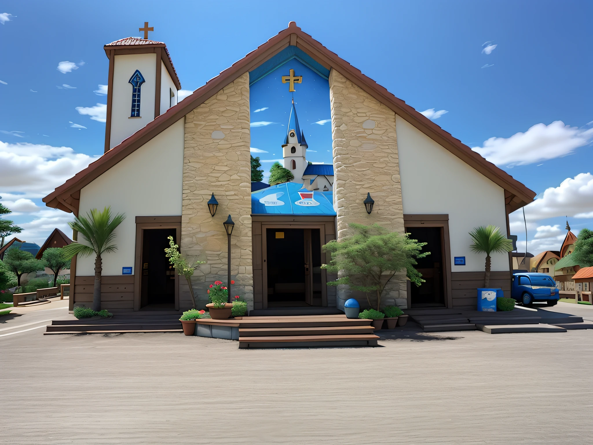 Chalet-shaped church, com uma torre quadrada ao lado, disney pixar, cartoon