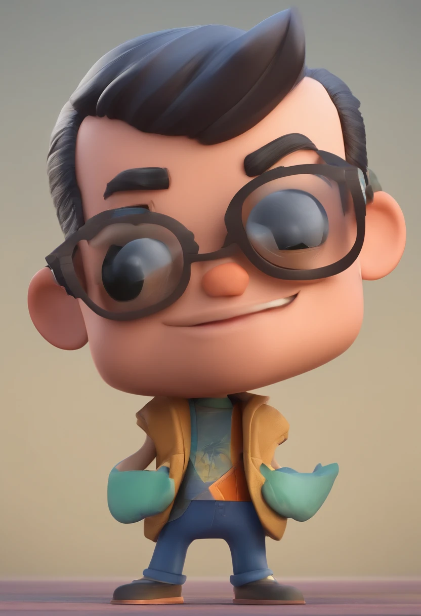 Estilo Pixar: Jovem homen de pele escura, com aproximadamente 30 anos com barba extremamente curta, Shaven done at zero wearing a gray t-shirt with thin copper-colored round glasses with shaved hair on the sides, cabelo crespo muito cacheado, cabelo com corte degrade nas laterais, cabelo preto escuro,  e orelhudo, 3D,Disney