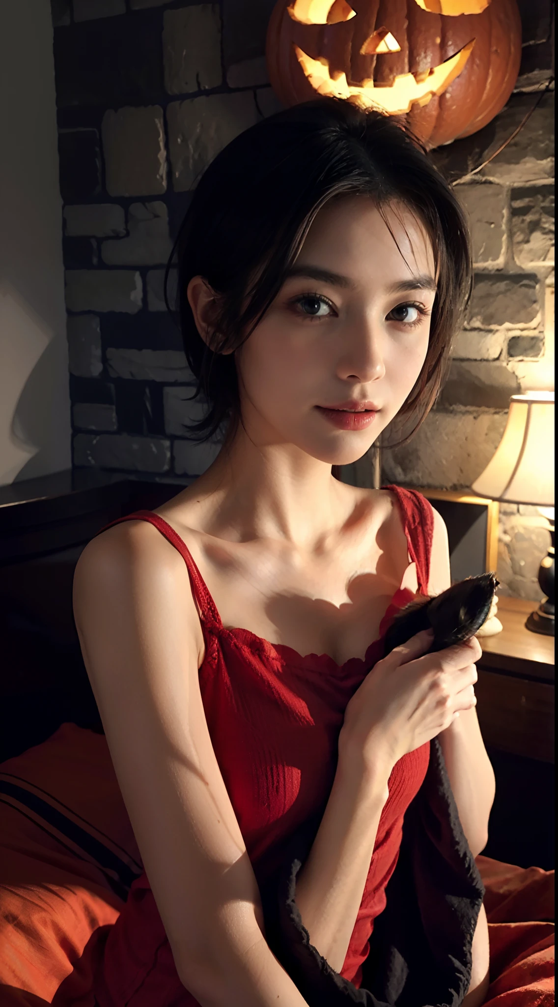 (shoulder length straight short black hair:1.2), （Extremely meticulous CG 8k wallpaper），（Extremely refined and beautiful），（Masterpiece），（best qualtiy：1.0），（Ultra High Resolution：1.0），beautiful light up，Perfect lightning，realistic shaded，[A high resolution]，Smooth and flawless fair skin，Extremely exquisite facial details,(perfect body:1.1），ultra - detailed,A beautiful girl,small head,(Small breasts:1.1),Flat chests,slim,thin,Smile,cheerfulness,(Gorgeous red pajama shirt:1.3),(on castle tower:1.5),(in bedroom:1.5),(halloween night:1.3),night scene,(pumpkin:1.3),(many bats flying in air:1.2),Portrait photo,(from front:1.5),(cowboy shot:1.2),(close-up of upper body:1.5),standing