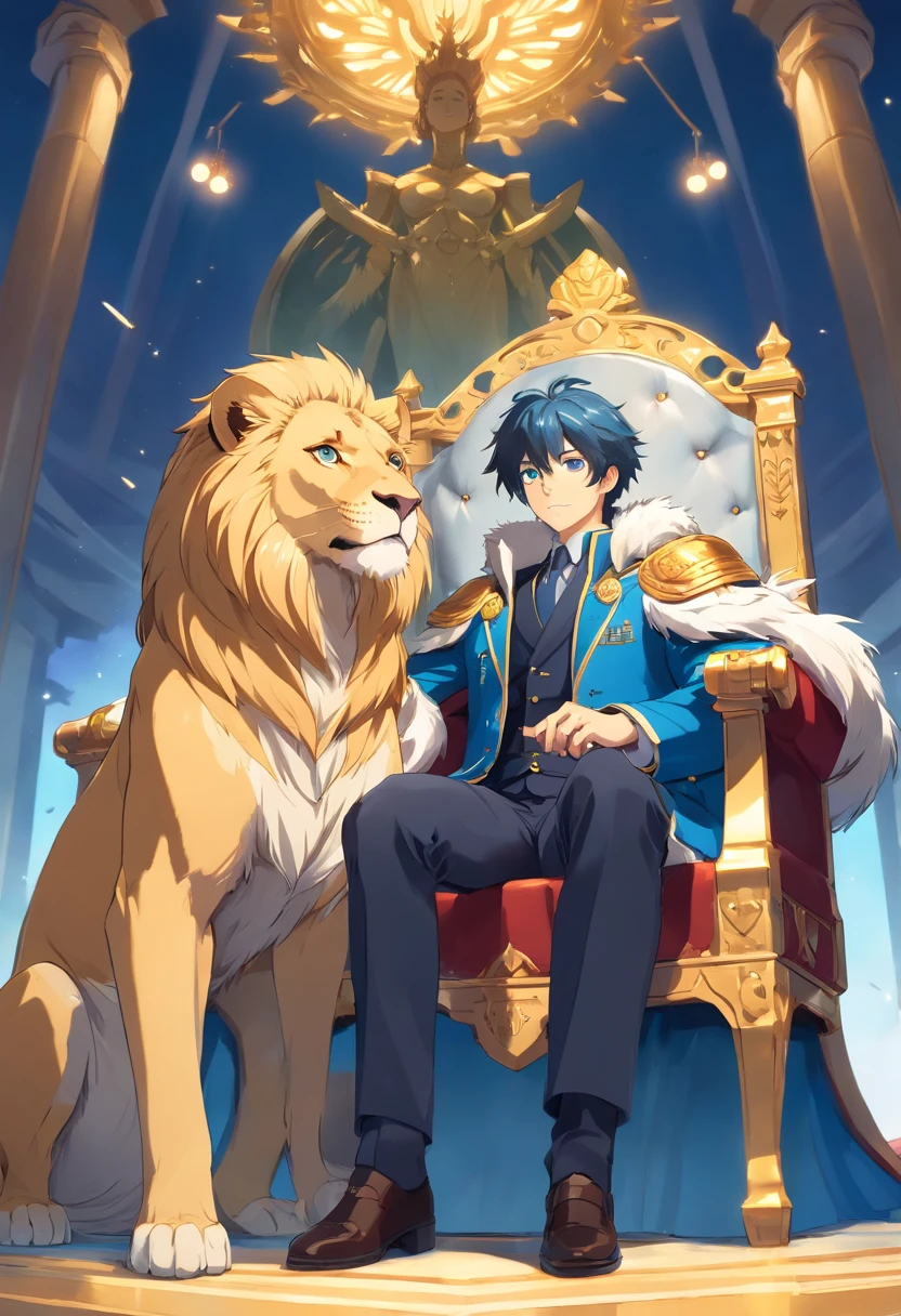 A demi human with lion hair in royal coats with his pet and very expressive blue eyes and sitting on a throne