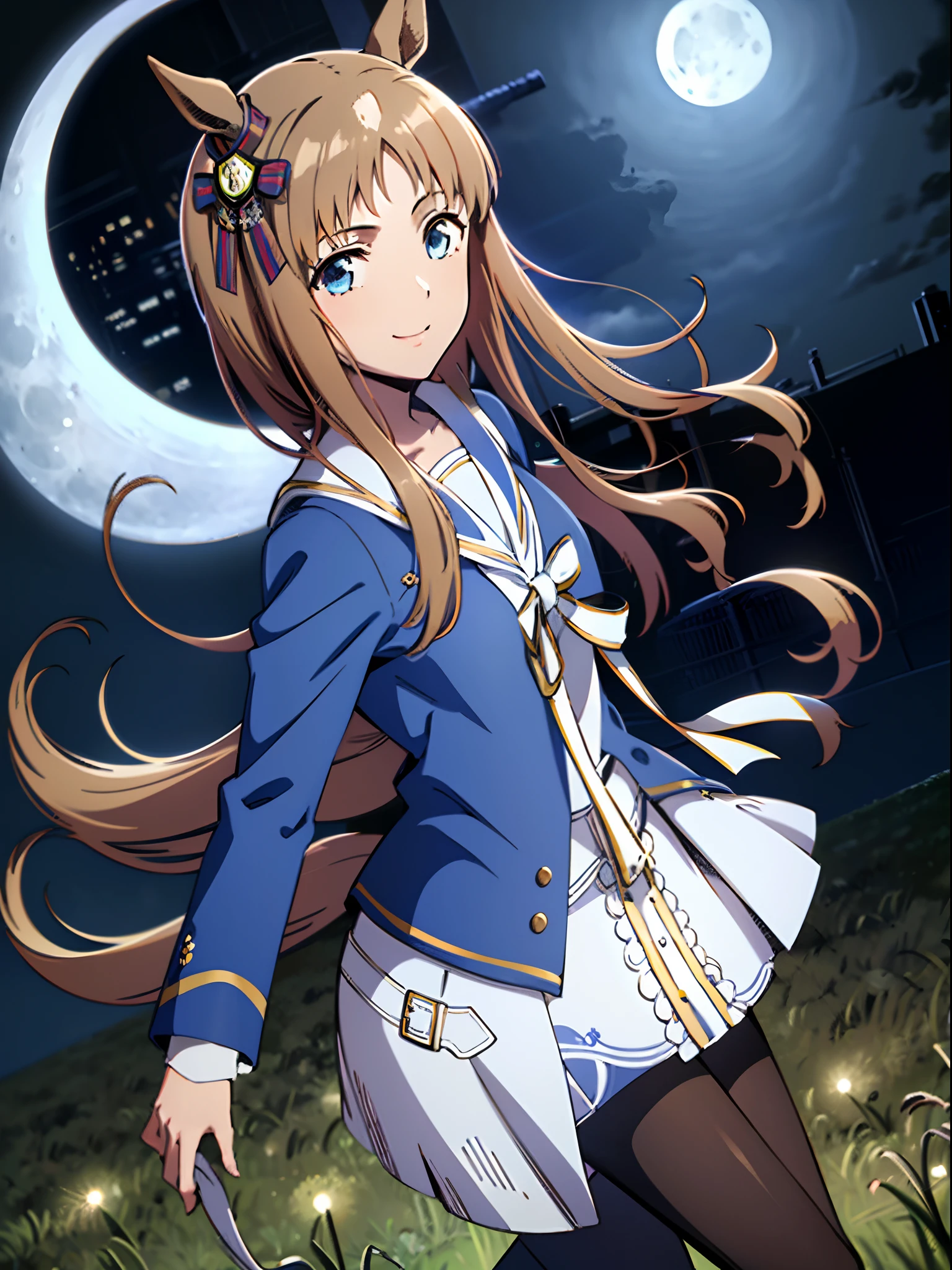 grass wonder \(Umamusume\), 1 girl, Solo, Best Quality, masutepiece, 8K, High resolution, Ultra-detailed, Dancing, (((Cinematic Angle))), lightsmile, Blue jacket, White sailor color, Long sleeves, White skirt, Black pantyhose, (((Big Blue Moon, Moon Night, grass field))),