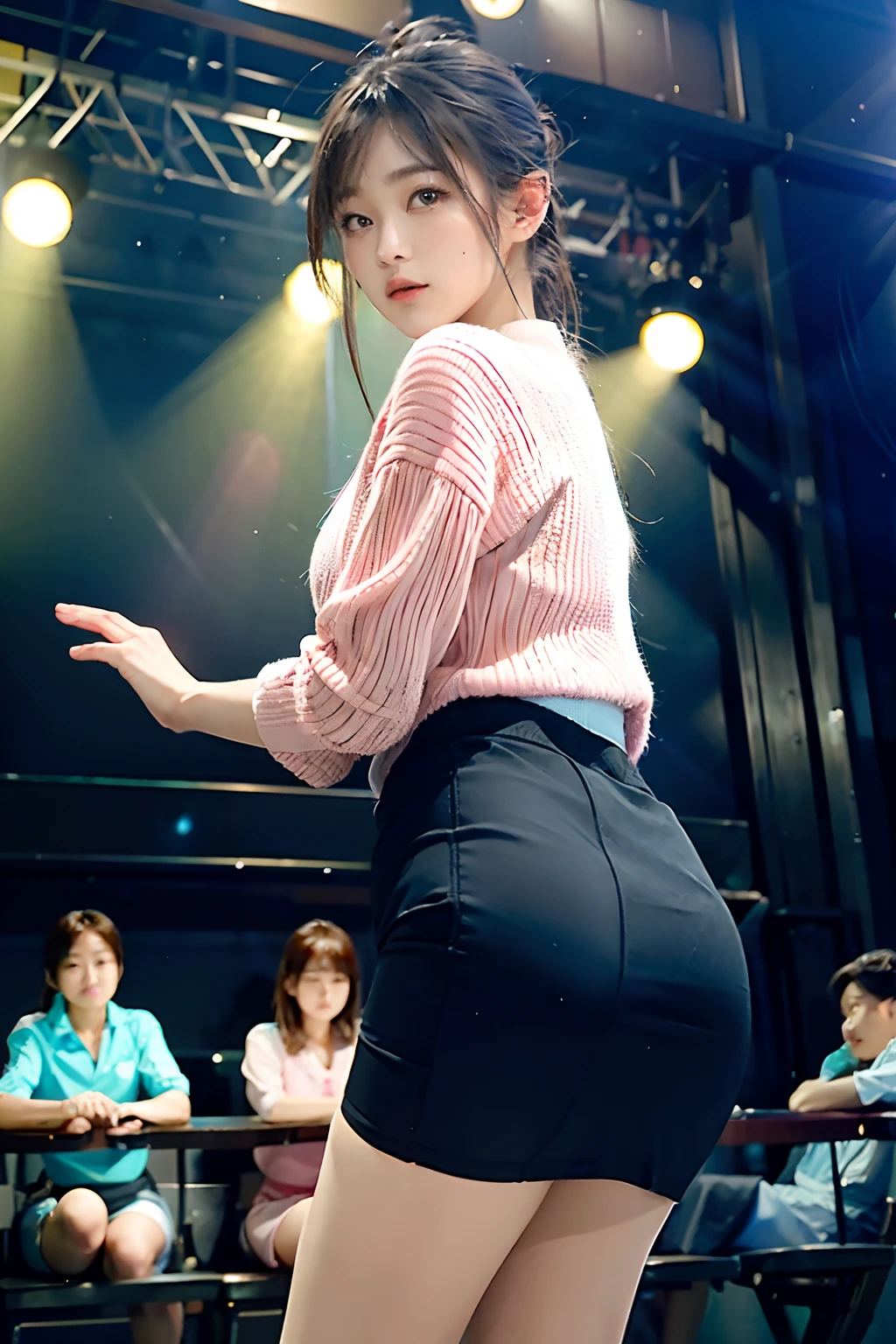 masterpiece,ultra detailed,(from below:1.4),(,upskirt,backshot, laced sexy tanga,navy skirt,white shirt,:1.3),(pubic hair,pussy-baring:1.3),(ass grab),wetty pussy,upskirt,(ass focus:1.3),look at viewer,from below,black hair,27 years old,(tareme:1.2),(curvy mature female:1.3),adult beautiful oval face,sweaty,beautiful,,(at nightclub,danceclub,purple dark light:1.3),(ass grab,hand on buttocks:1.4),(thick thighs:1.2),