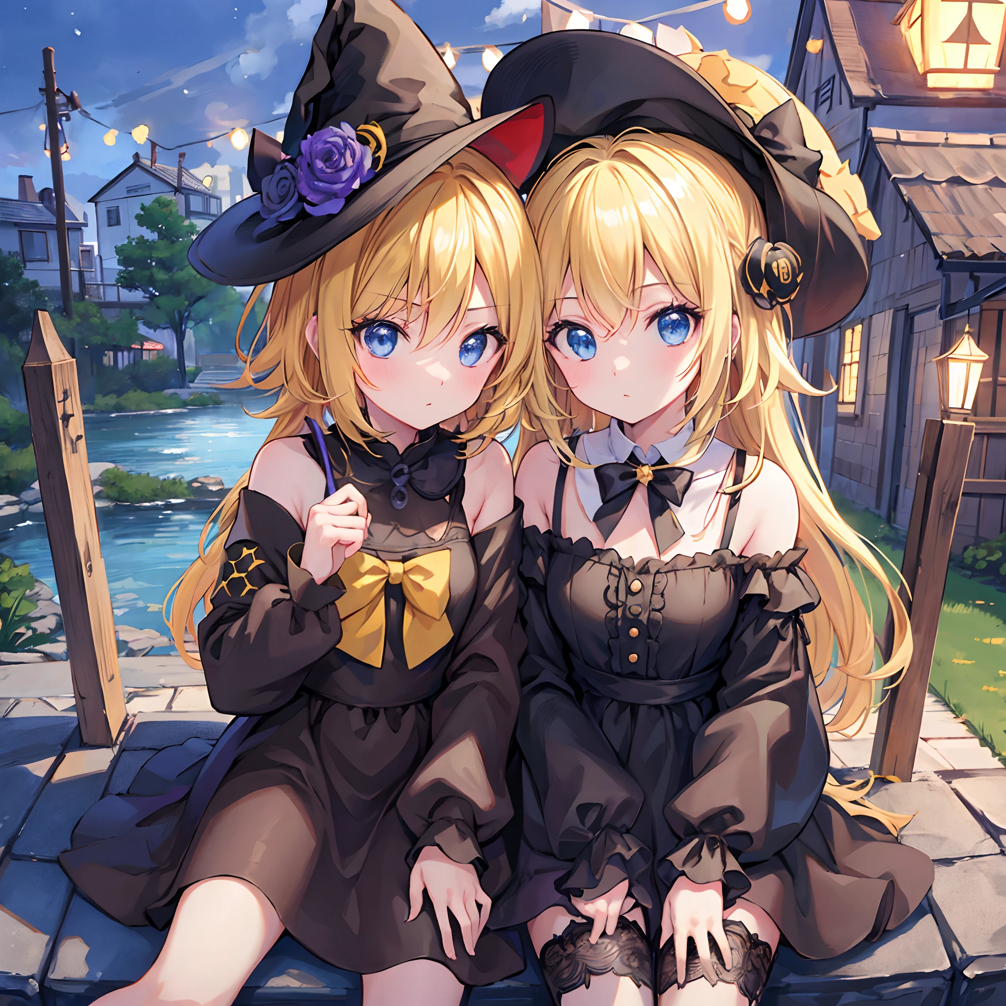 en 8K、highest qualityr、obra maestra、Ultra-detallado、Ultra-high resolution、kagamine rin 、halloween、Sombrero de bruja、una rubia、Cabello trenzado、vestido negro、hombros desnudos、escote de la mama、Makeups、sombras de ojos、Una pulsera、Ciudad medieval、Sit on the roof、gato negro