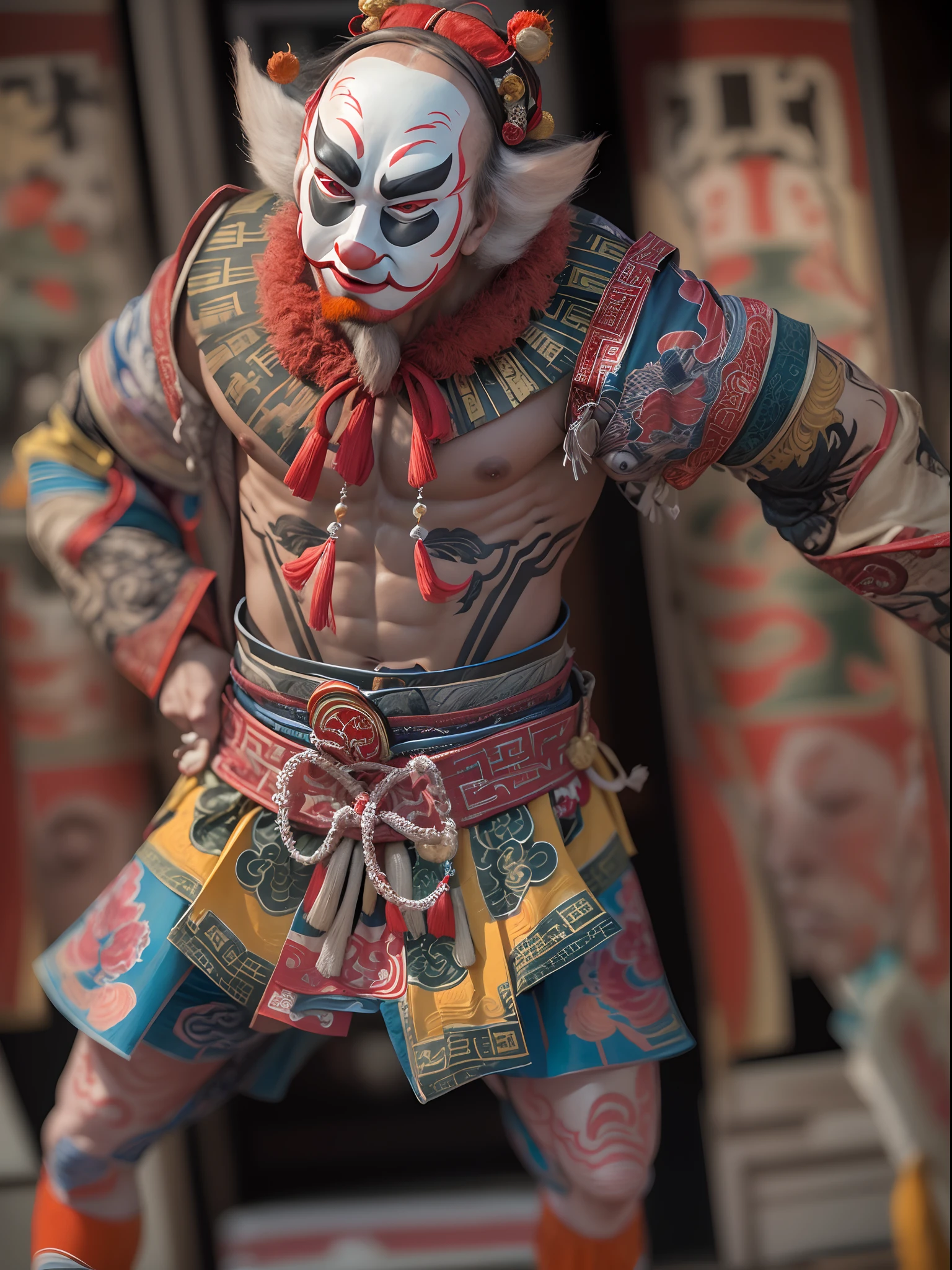 3D rendering of (Close-up of the upper body of a man with the face of a Peking Opera clown), (A super hilarious Peking Opera clown face), （No hair：1.37），（Bare topless：1.0） Muscular man, shades, (balding：1.30）, A wide athletic cloth belt is tied around the waist.
Background: Many Peking Opera and Sichuan Opera masks hang on the black walls, Simple background,close up photograph,Photography,Ukiyo-e art,Caricature,Masterpiece,illustration,Encaustic painting,Portrait of Fayoum,Matte painting,Photorealism,Photorealistic,sober, Image from Bradford Young,author：david bailey,author：Laurent Bayeux,Refined atmosphere,Dark atmosphere,Tilt-Shift,Waist Shot(WS),Close up,Mood lighting, --AR 3:4 - Style original - varnishing