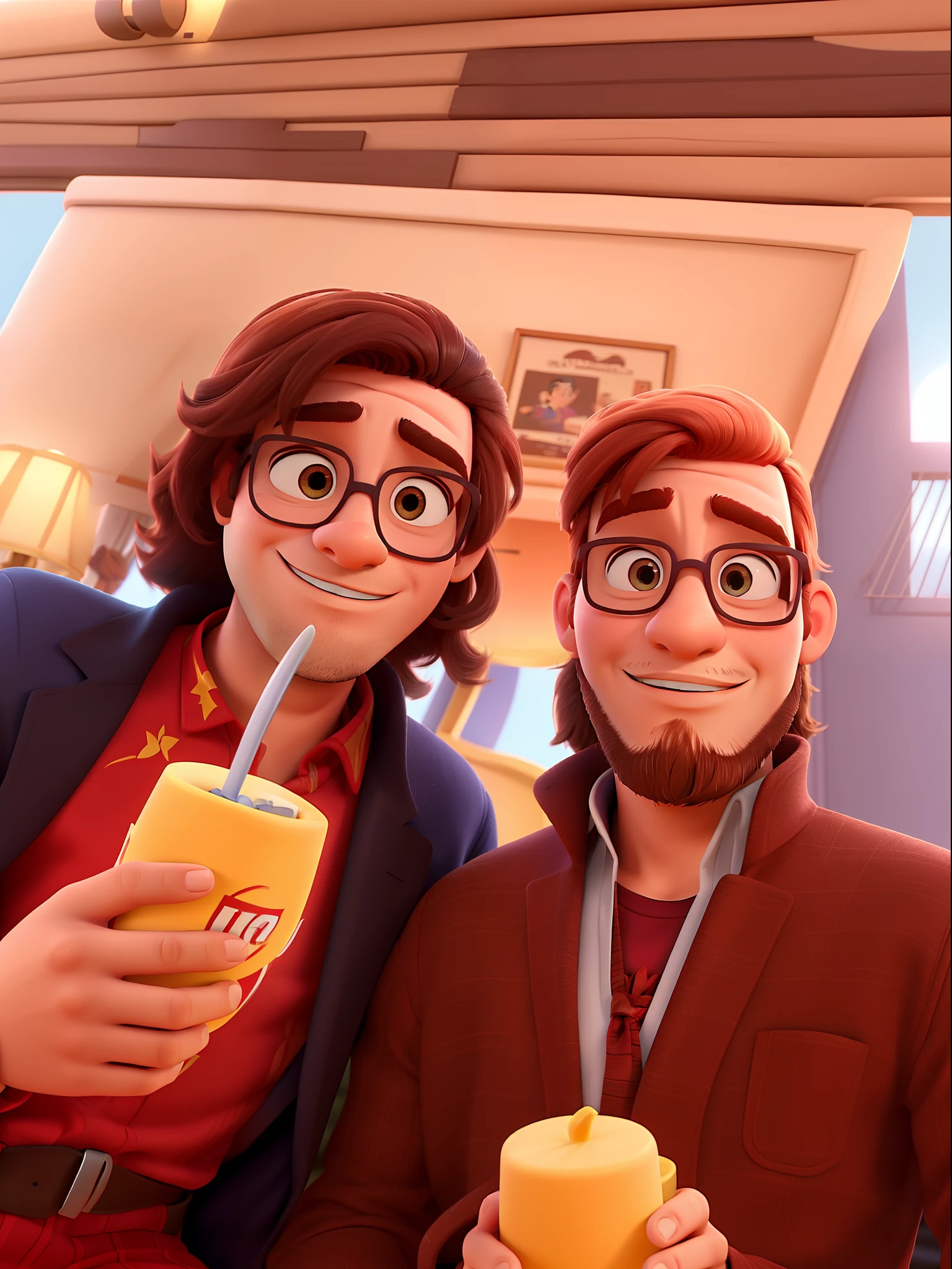 Casal (homem moreno e mulher branca) no estilo Disney Pixar, alta qualidade, melhor qualidade.