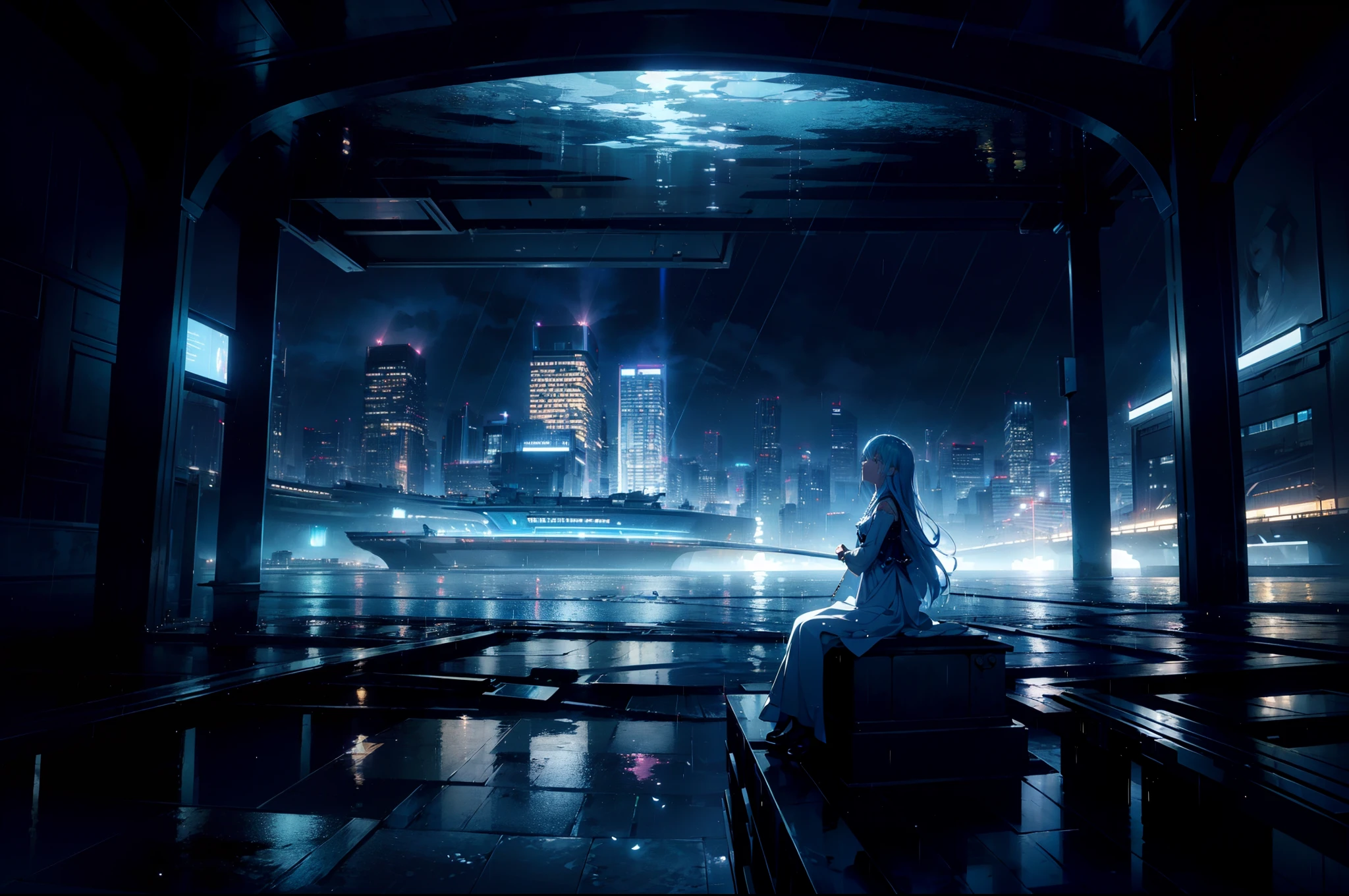 1 girl ,sitting ,(looking up sky), cinematic lighting , cinematic angle , (submerged city), blue sky, rain,((masterpiece)), ((best quality)), ((ultra-detailed)), (illustration), ((an extremely delicate and beautiful))