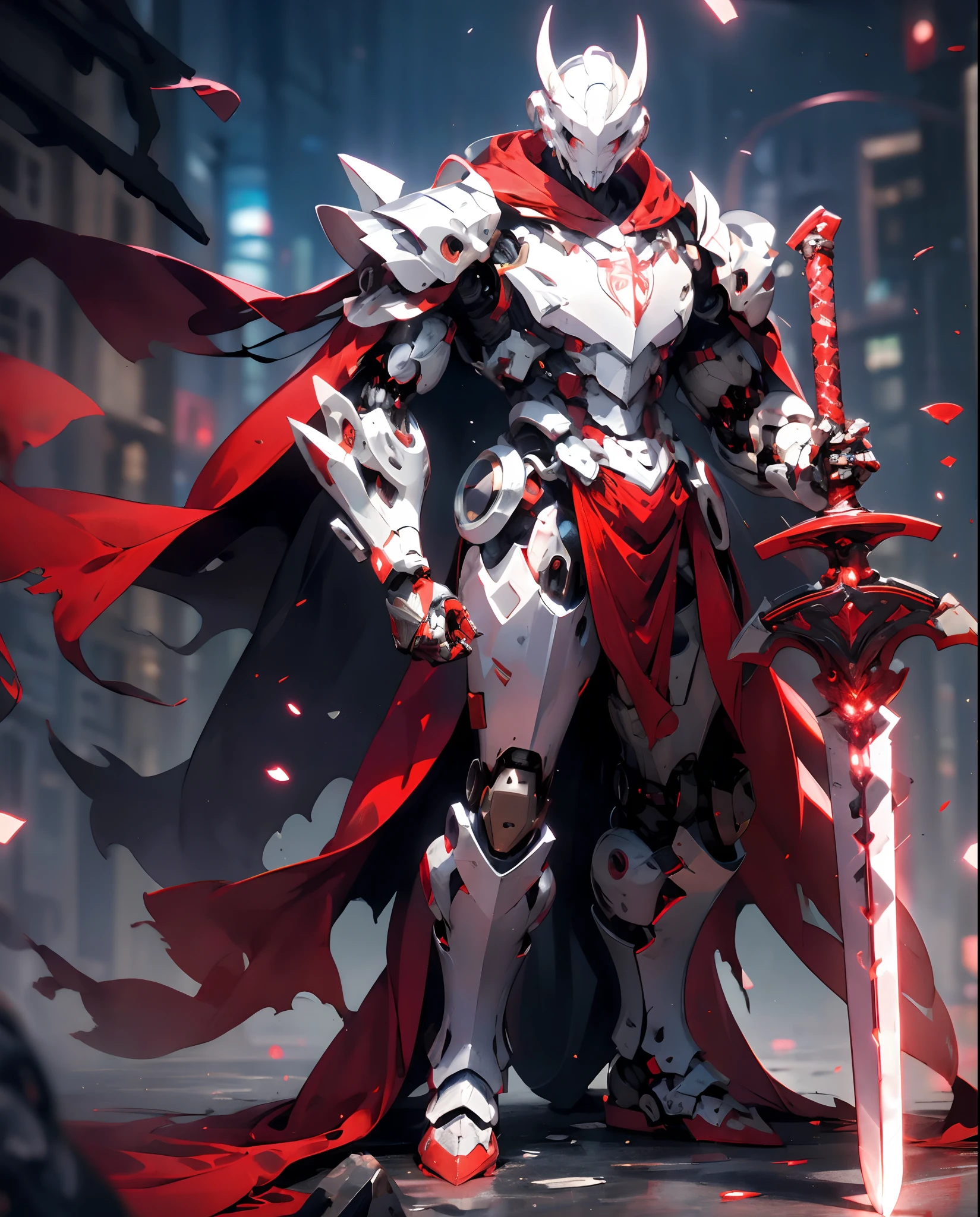 (masterpiece:1.2), best quality,PIXIV,
robot boy,weapon, sword, armor, holding weapon, holding, holding sword, solo, gauntlets, cape, red cape, full armor, helmet, torn cape, male focus, standing, glowing, shoulder armor, red theme, pauldrons, breastplate, torn clothes, greaves, crack, horns, knight, torn, armored boots