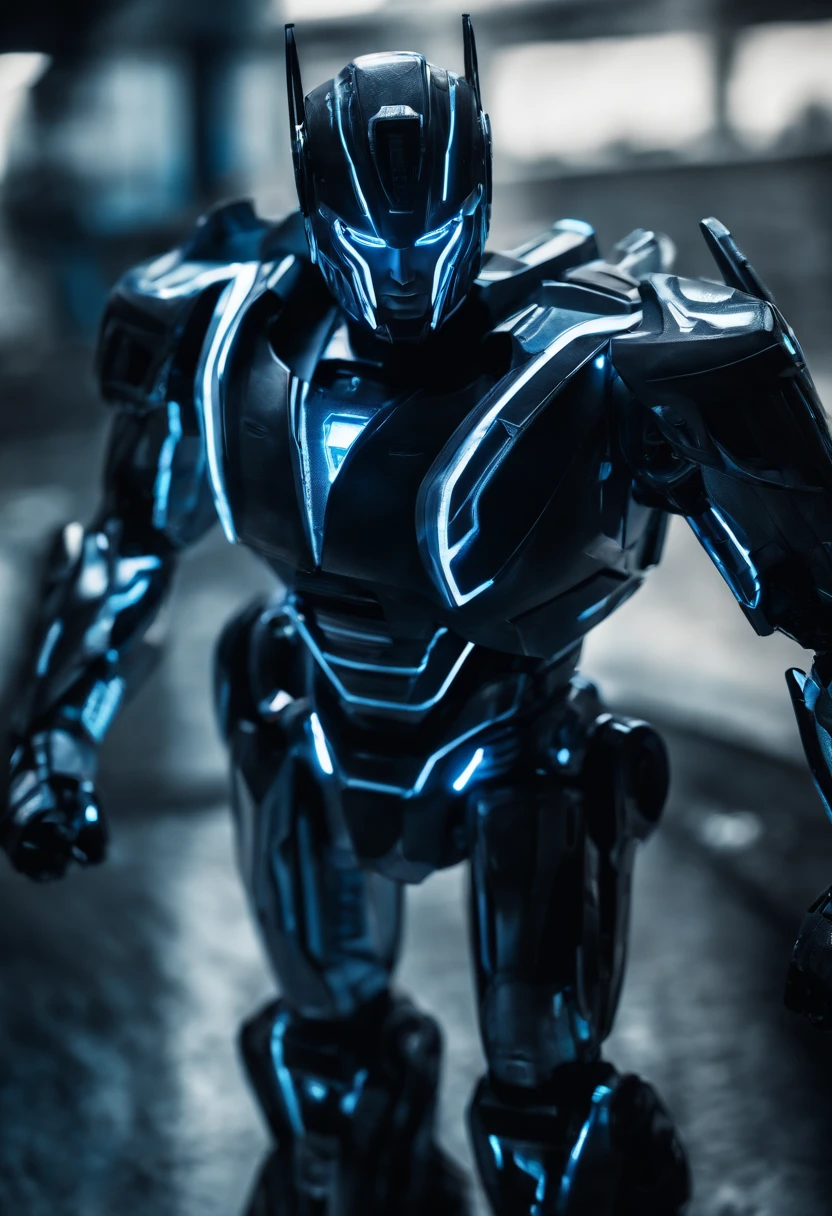 Tron Combined with Optimus Prime, tron legacy, battle pose, crystal clear image, intricate details, close up, battle scars, black and Blue themed, simulation world,