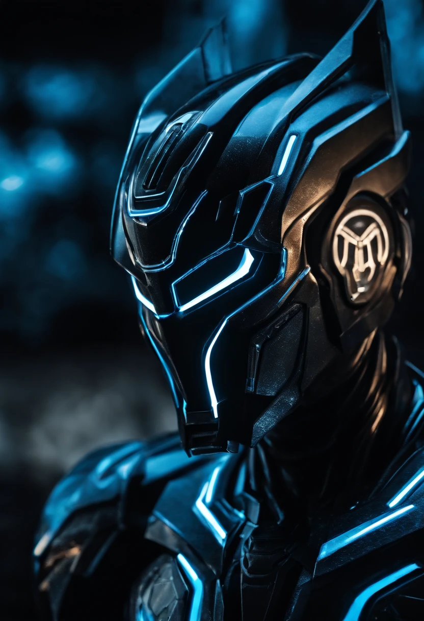 Tron Combined with Optimus Prime, tron legacy, battle pose, crystal clear image, intricate details, close up, battle scars, black and Blue themed, simulation world,