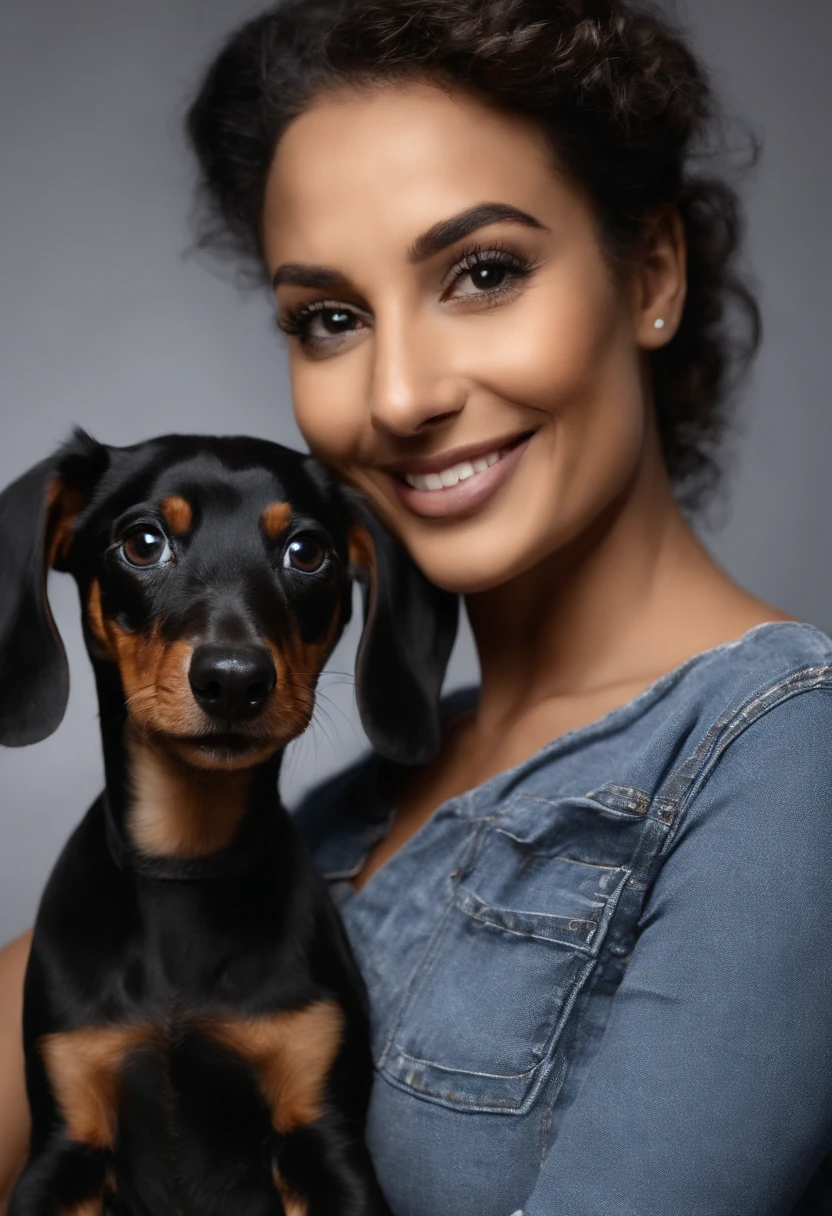 Casal com um cachorro dachshund preto e caramelo. A mulher tem os cabelos cacheados, Camiseta cinza e jeans claros. O homem magro de cabelos pretos liso e curto com cabelos grisalhos, bigode e cavanhaque finos e curtos, Dark blue jeans and gray t-shirt. They are both smiling and are 40 years old