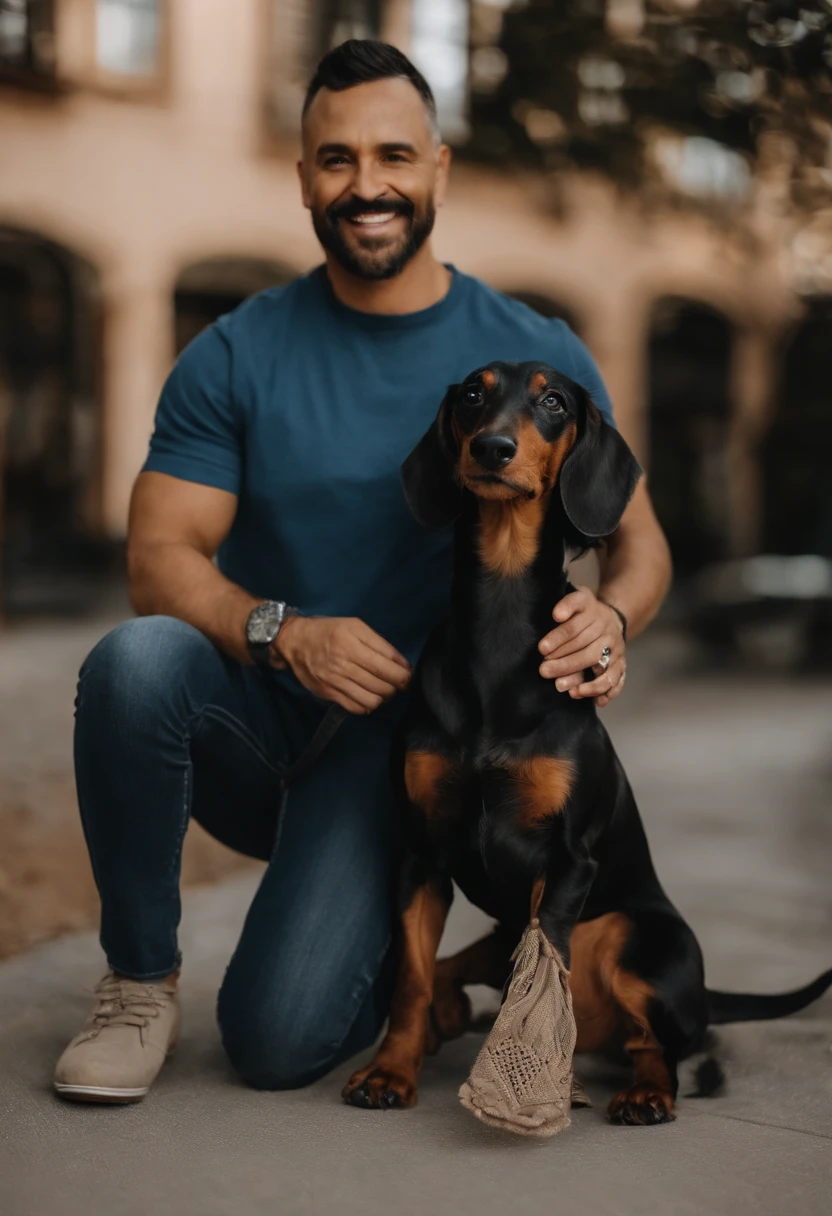 Casal com um cachorro dachshund preto e caramelo. A mulher tem os cabelos cacheados, Camiseta cinza e jeans claros. O homem magro de cabelos pretos liso e curto com cabelos grisalhos, bigode e cavanhaque finos e curtos, Dark blue jeans and gray t-shirt. They are both smiling and are 40 years old
