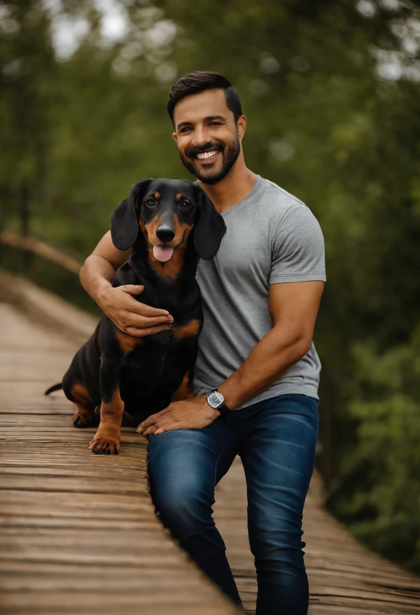 Casal com um cachorro dachshund preto e caramelo. A mulher tem os cabelos cacheados, Camiseta cinza e jeans claros. O homem magro de cabelos pretos liso e curto com cabelos grisalhos, bigode e cavanhaque finos e curtos, Dark blue jeans and gray t-shirt. They are both smiling and are 40 years old
