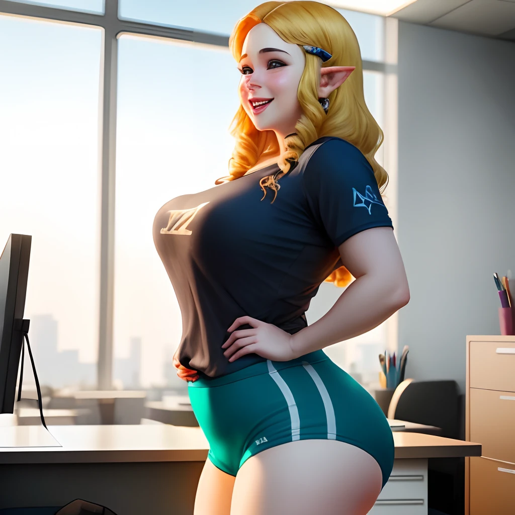 Uma , Zelda, The legend of zelda, 8k, ultra qualidade, voluptuoso, coxas grandes, Mamilos duros, sobrancelhas grossas, bumbum grande, grande cintura, seios grandes, muito feliz, Office worker in short clothes, sexy, obra prima, melhor qualidade