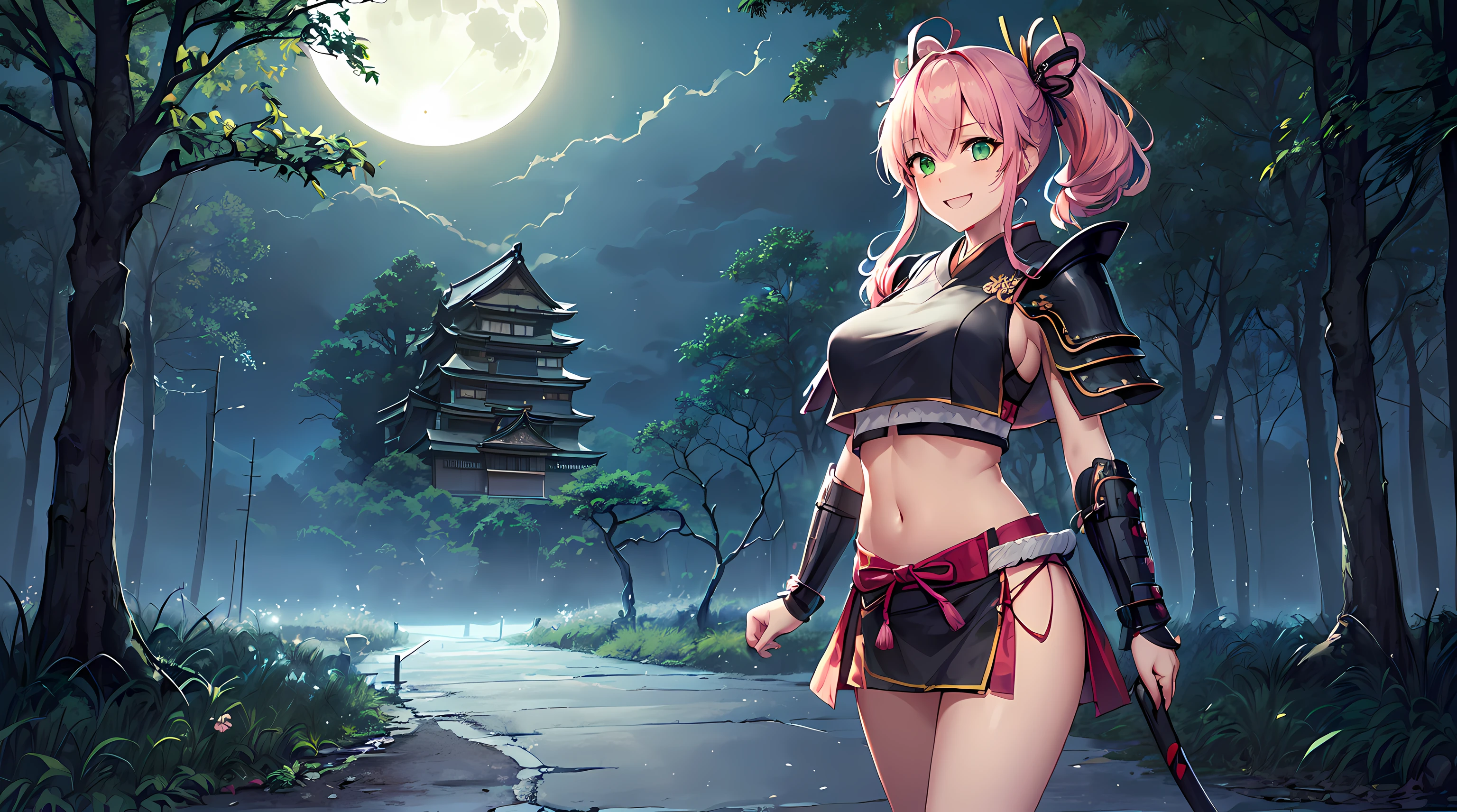 ​masterpiece, 1girl ((20year old, cosplay as sexy samurai, crop top exposes navel, boots, medium breasts, multicolor pink hair, twin ponytails, perfect model body, green eyes:1.5, flirting, happy, big smile, standing in a forest:1.3 wearing samurai armor, with an old Japanese castle in the background at night:1.2, moonlight:1.2, scary, spooky, dark atmosphere:1.2)) ((nighttime)) ((solo:1.6))