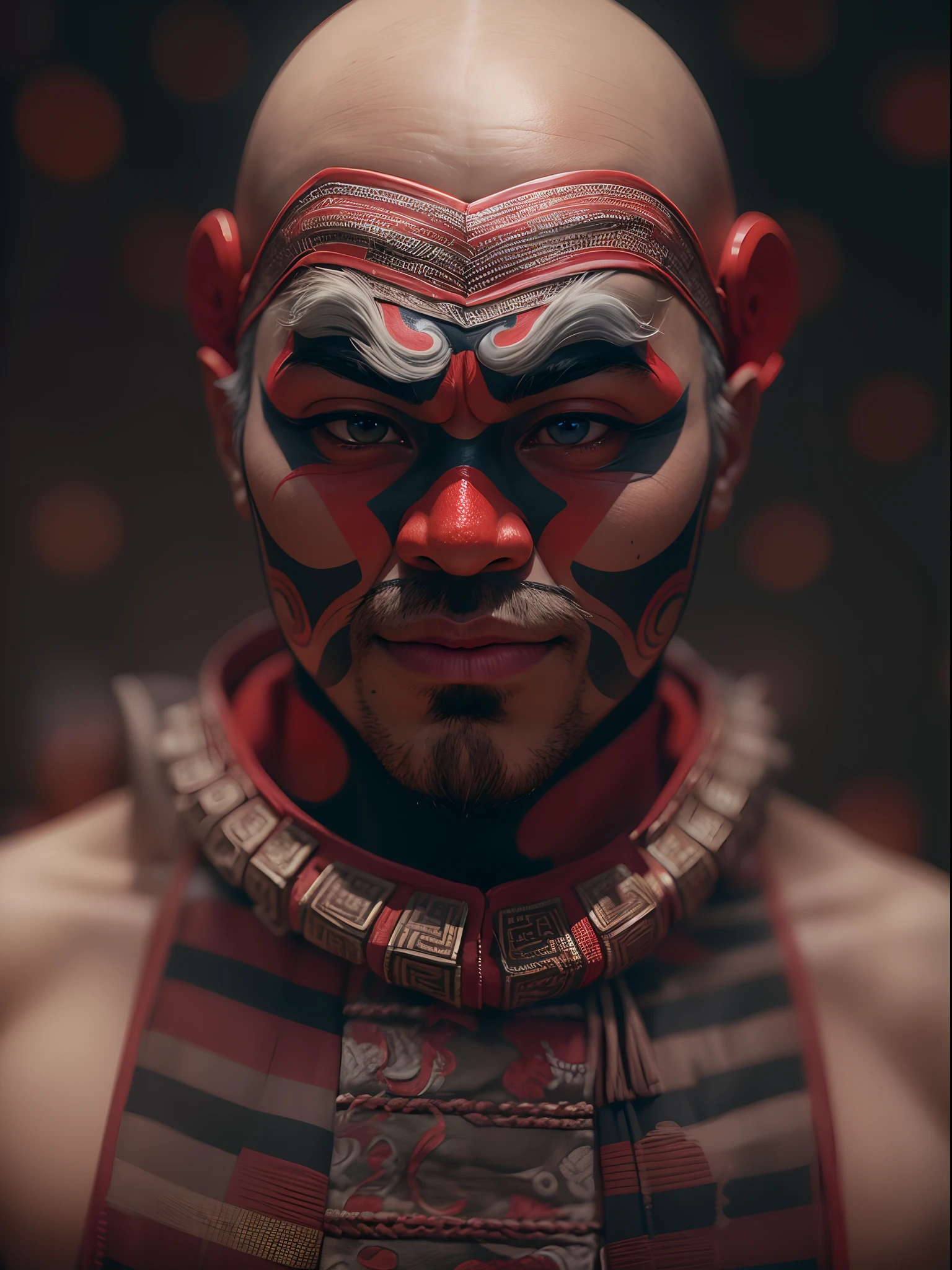 3D rendering of (a close-up of the upper body of a man with a Peking Opera clown face), (a super funny Peking Opera clown face), ( on: 1.0), a muscular man, a toned figure, (no hair 1.0), a belt with a wide training cloth tied around his waist
background: many beijing opera and sichuan opera facial makeup hanging on the black wall, simple background,close-up photo,Photography,Ukiyo-e art,Caricature,Masterpiece,Illustration,Encaustic Painting,Fayum Portrait,Matte Painting,Photorealism,Photorealistic,Lucid, The picture is from Bradford Young's work,by David Bailey,by Laurent Baheux,Sophisticated Atmosphere,Dark Atmosphere,tilt-shift,Waist Shot(WS),close up,mood lighting, --ar 3:4 --style raw --uplight