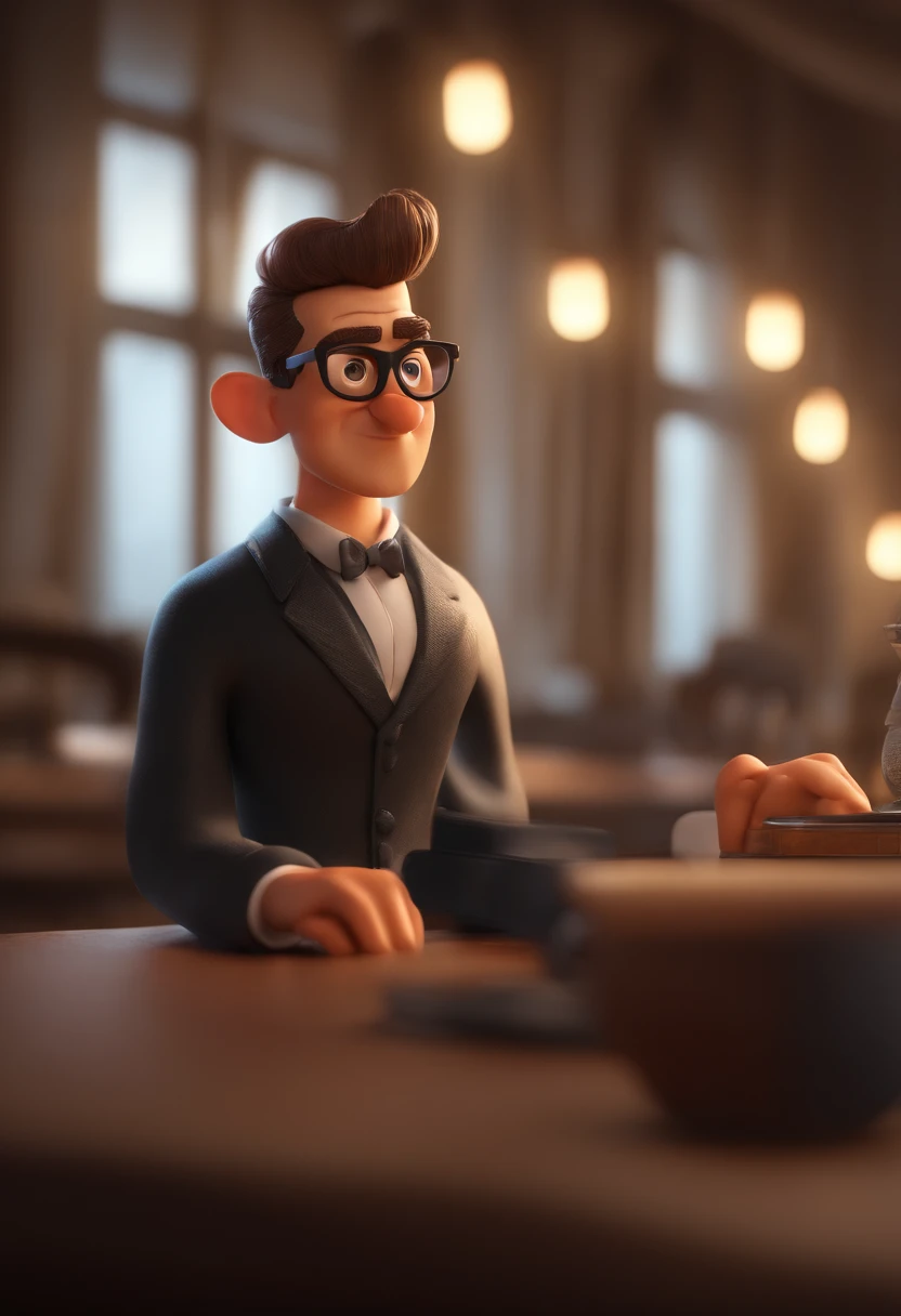 Cartoon character of a man wearing black glasses and no shirt , um personagem animado, Caractere estilizado, animation style rendering, 3D estilizado, Arnold Maya render, 3 d render stylized, toon render keyshot, Personagem 3D, Personagem 3D, 3d rendering stylized, 3 d character render, personagem de desenho animado, Personagem de close up, Pose de personagem, (Estilo Pixar) (master part:1.2) (Bokeh) (best quality) (pele detalhada) (textura detalhada) (8k) (argila) (Cinematic lighting) (foco nítido,Senta e vaza a parte superior do corpo